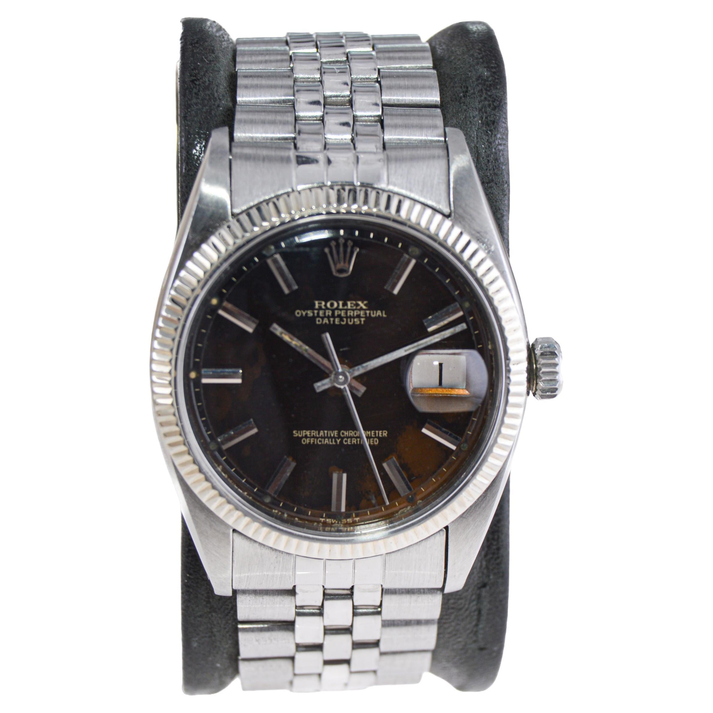 Modern Rolex Oyster Perpetual Datejust With Rare Original Patinated Black Dial 1958 For Sale