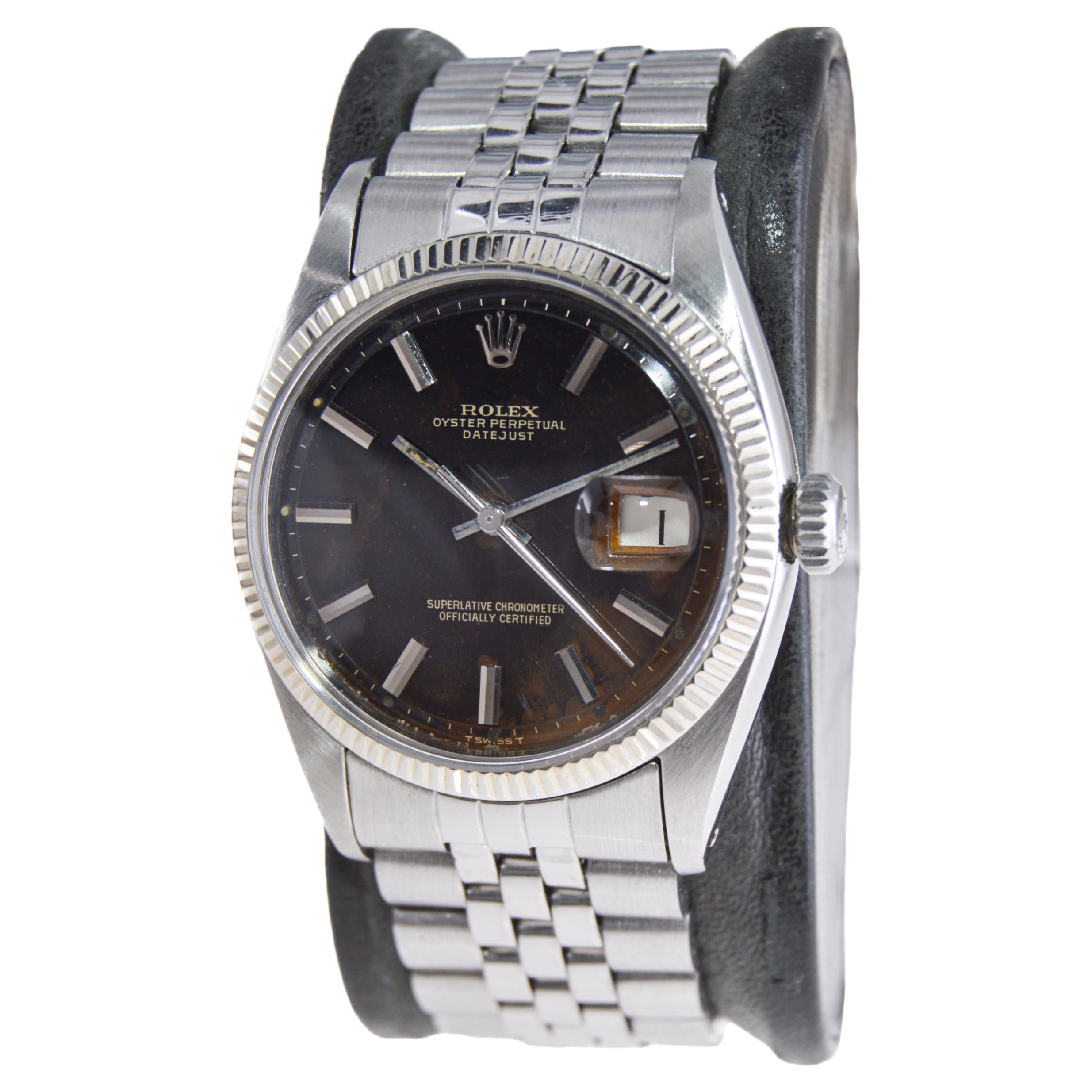 Rolex Oyster Perpetual Datejust With Rare Original Patinated Black Dial 1958 In Excellent Condition For Sale In Long Beach, CA