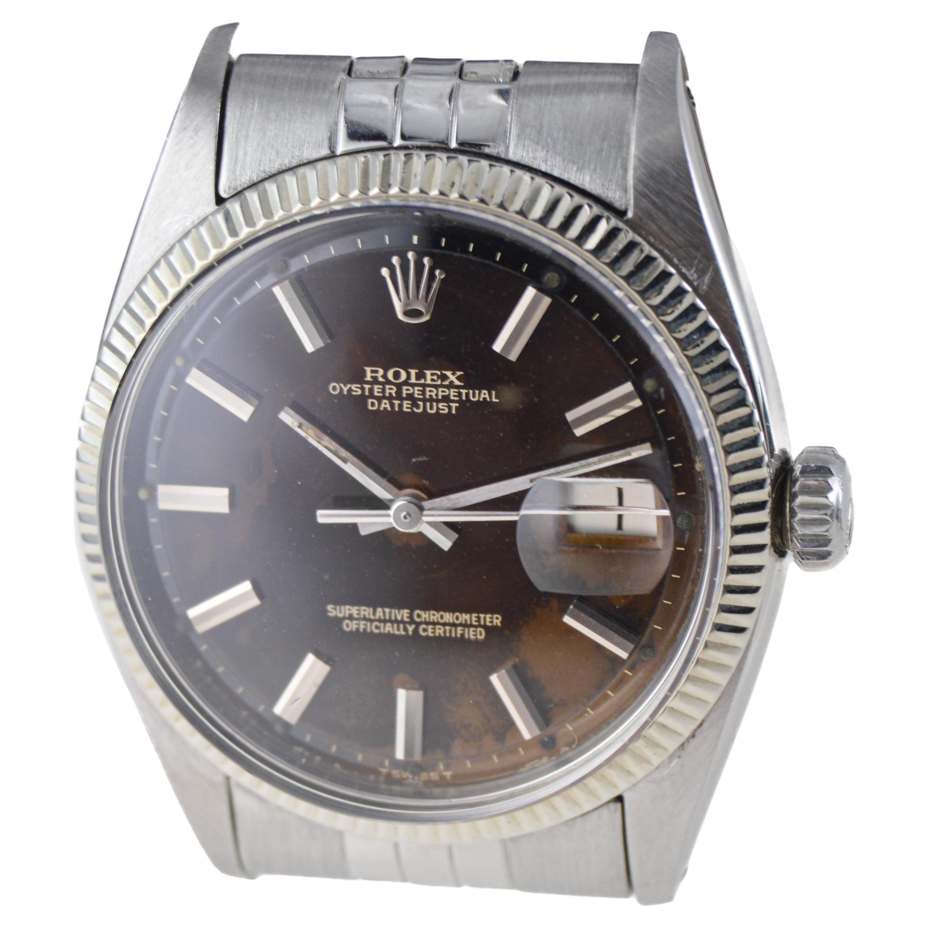 Women's or Men's Rolex Oyster Perpetual Datejust With Rare Original Patinated Black Dial 1958 For Sale