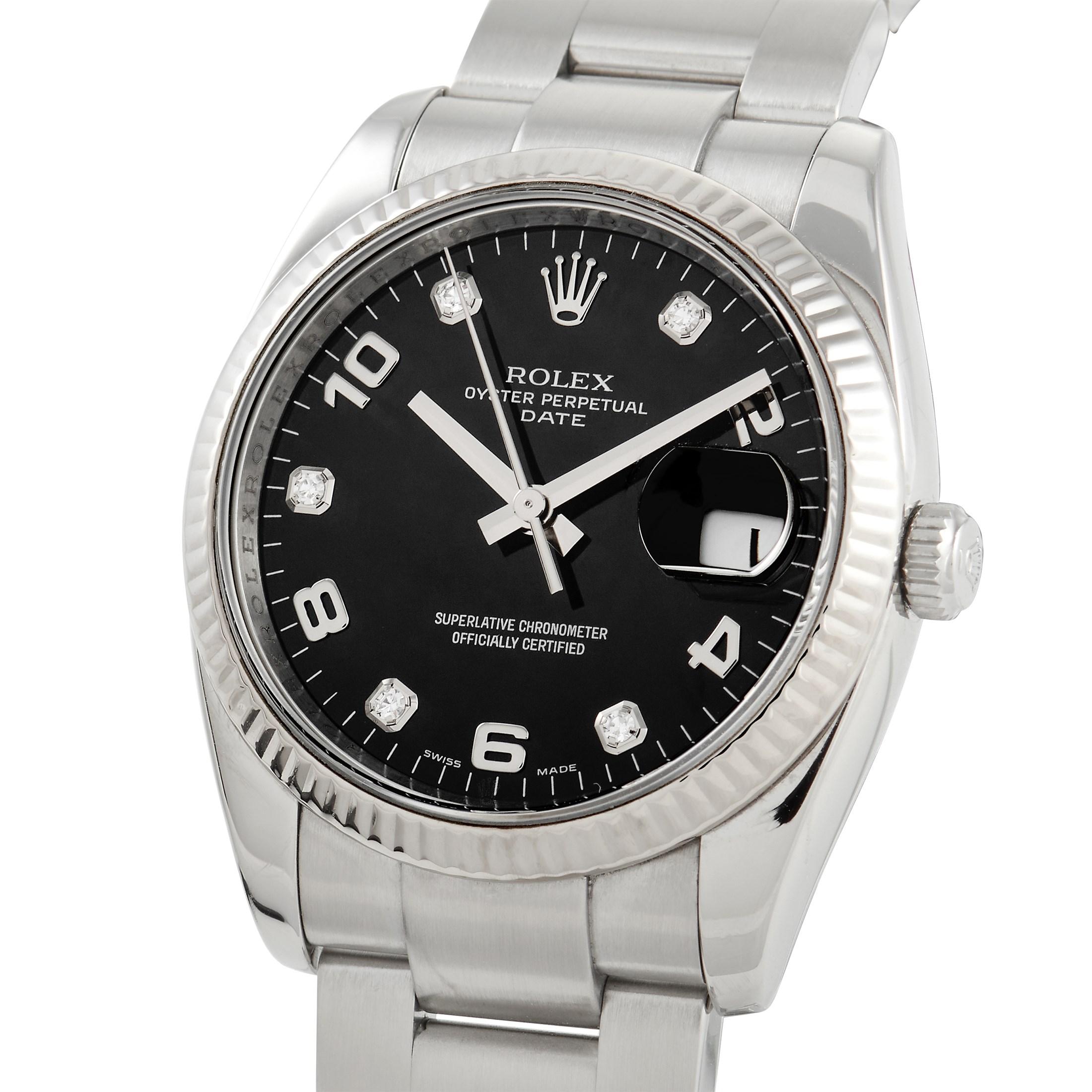 Your favorite Day Date just got a neat hint of sparkle. The Rolex Oyster Perpetual Day Date Diamond Dial Watch 115234BKDO is designed with a dramatic black dial housed in a compact 34mm Oystersteel case. It is paired with a classic three-piece link