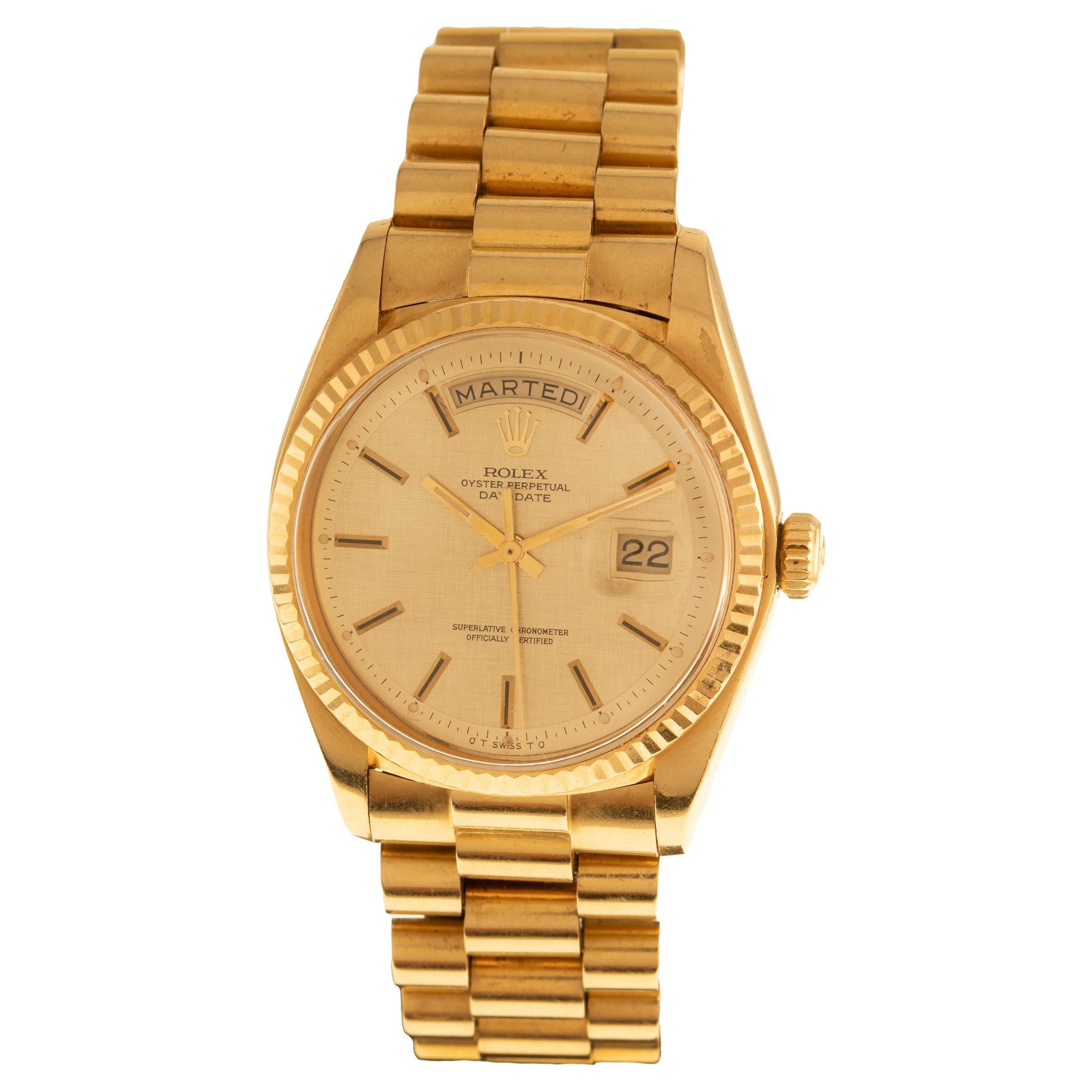 Rolex Oyster Perpetual Day Date in 18 Karat Yellow Gold with Gold Rolex Bracelet For Sale