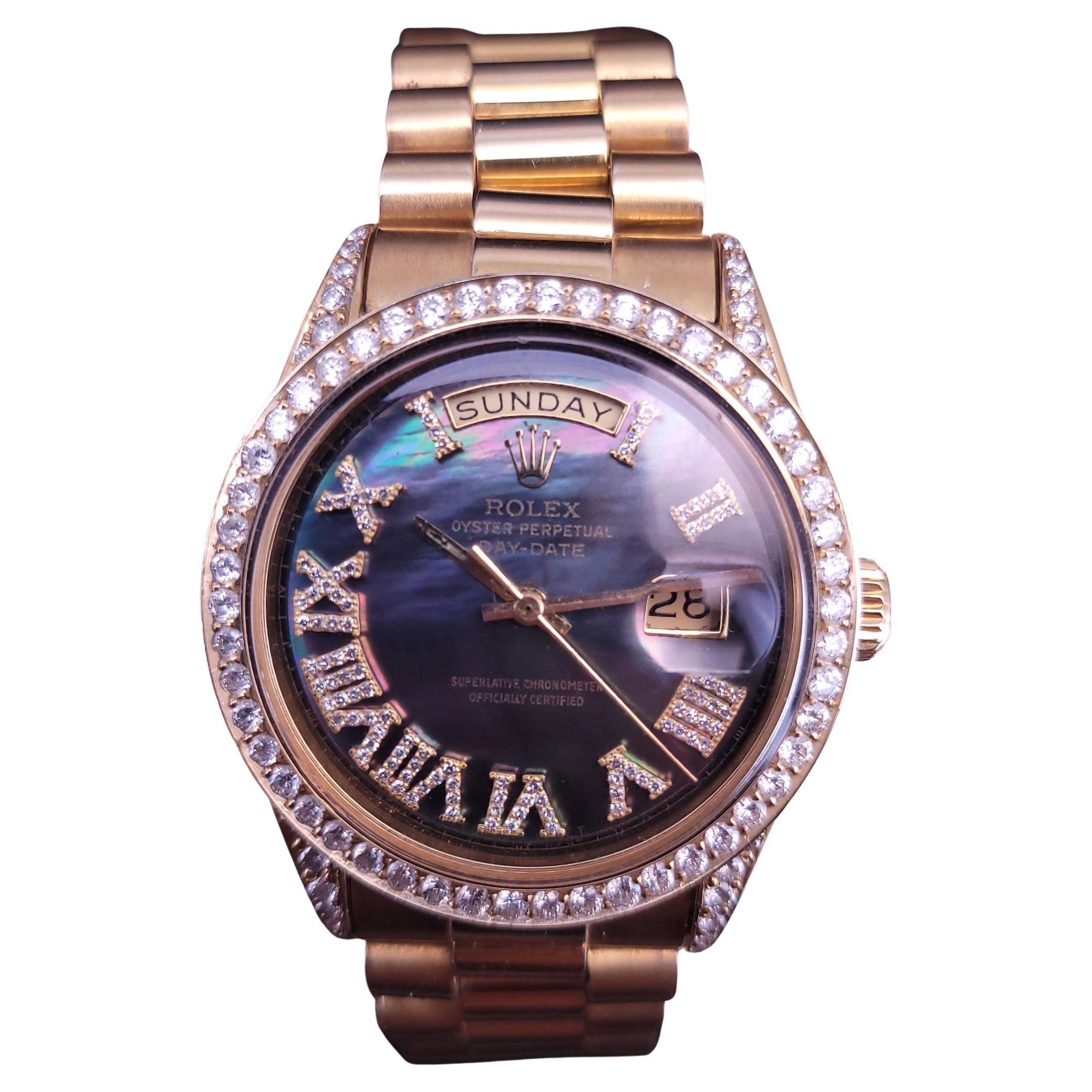 Rolex Oyster Perpetual Day Date in 18KYellow Gold Black Mather of Pearl Diamond For Sale