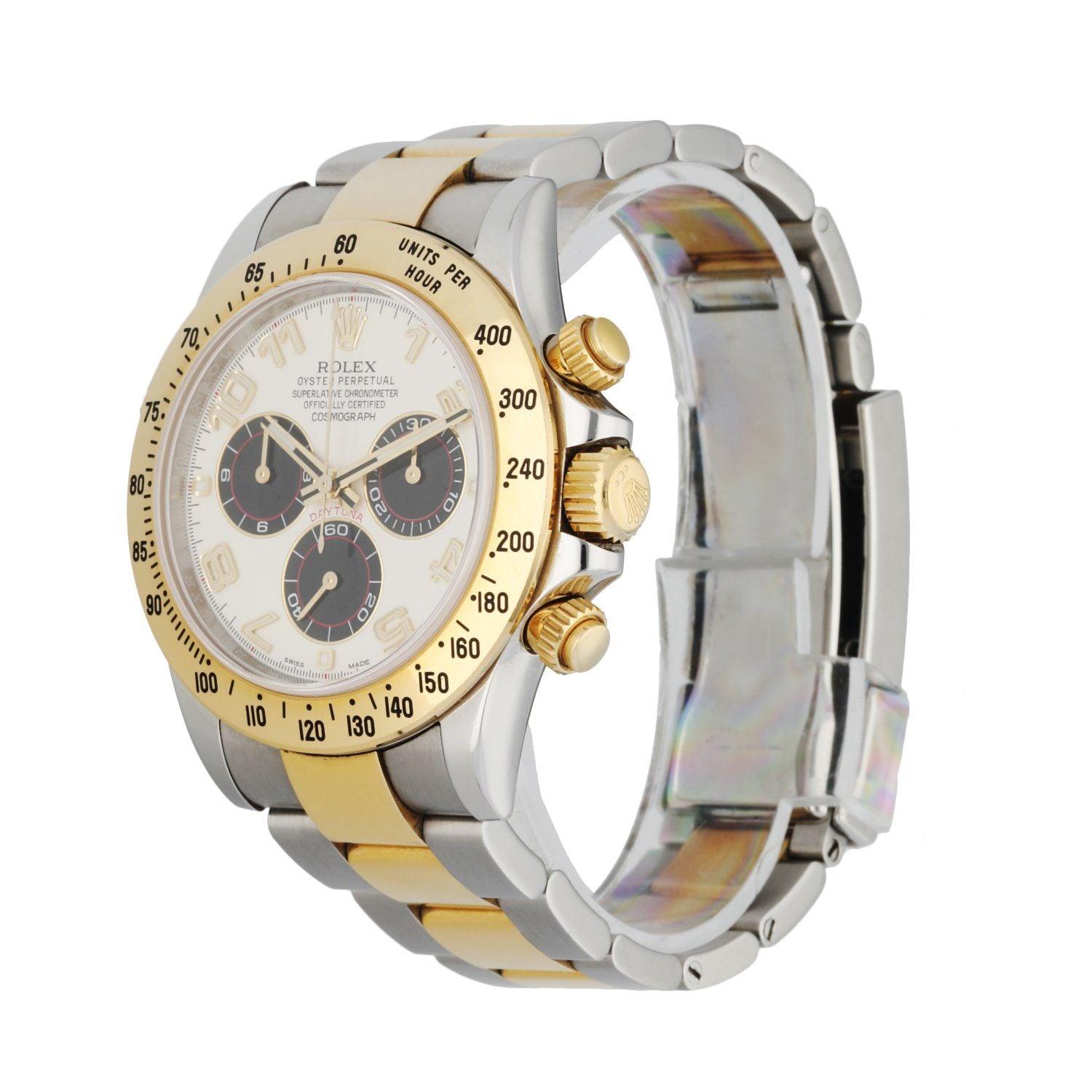 Rolex Oyster Perpetual Daytona 116523. 40mm Stainless steel case with 18k yellow gold bezel with tachymeter bezel insert. White dial with luminous gold hands and Arabic numeral hour markers. Black sub dial features: 30 minute, 12 hour, and 60