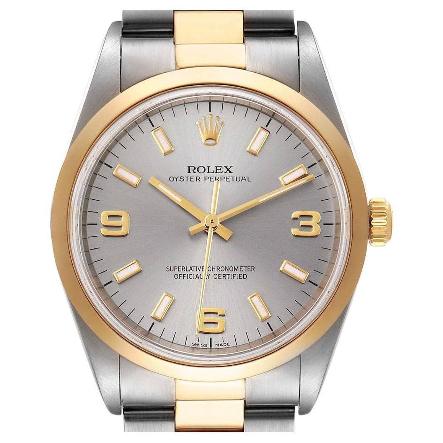 Rolex Oyster Perpetual Domed Bezel Steel Yellow Gold Mens Watch 14203 For  Sale at 1stDibs