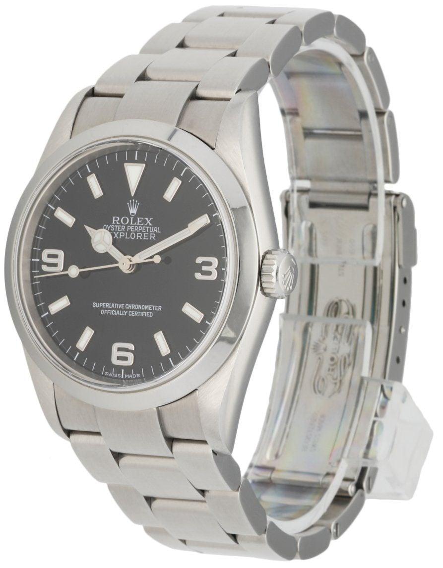 
Rolex Oyster Perpetual Explorer 114270 Mens Watch. 36mm stainless steel case with smooth bezel. Black dial with luminous hands and  Arabic numerals & index hour marker. Stainless steel oyster bracelet with fold over clasp. Will fit up to a 7 inch