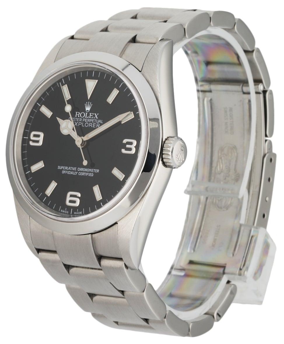 
Rolex Oyster Perpetual Explorer 114270 Mens Watch. 36mm stainless steel case with smooth bezel. Black dial with luminous hands and  Arabic numerals & index hour marker. Stainless steel oyster bracelet with fold over clasp. Will fit up to a 7-inch