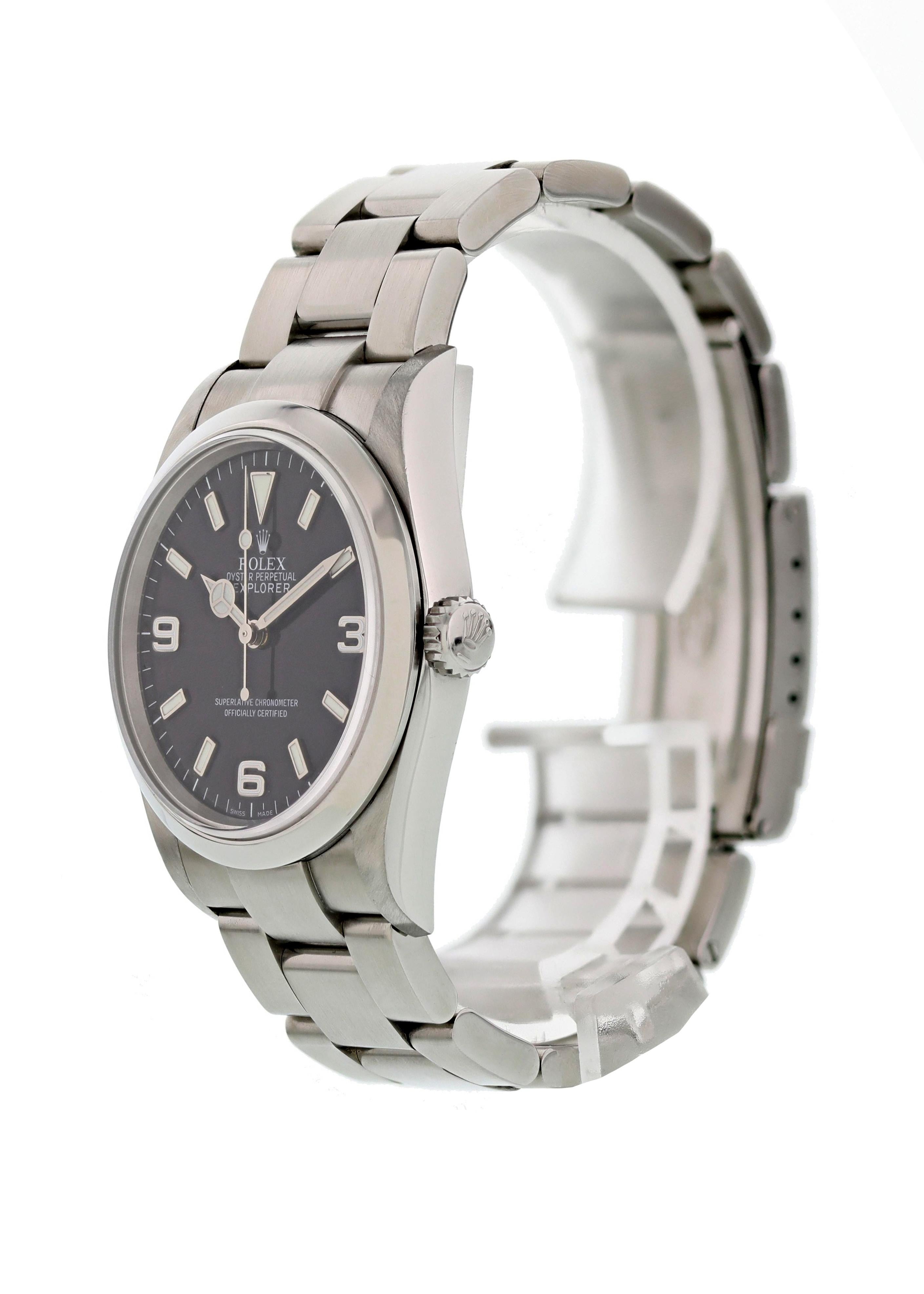 Rolex Oyster Perpetual Explorer 114270 Mens Watch. 36mm stainless steel case with smooth bezel. Black dial with index hour markers andArabic numeral hour markers at the 3, 6, and 9 o'clock position. Minute markers around the outer rim with luminous