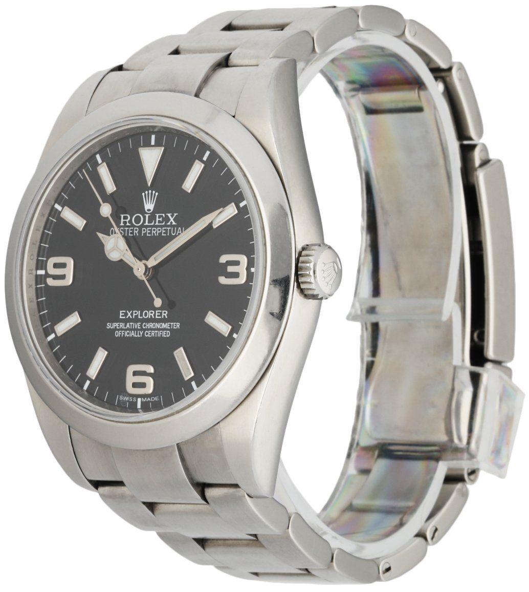 
Rolex Oyster Perpetual Explorer 214270 Mens Watch. 39mm stainless steel case with smooth bezel. Black dial with luminous hands and  Arabic numerals & index hour marker. Stainless steel oyster bracelet with fold over clasp. Will fit up to a 7 inch