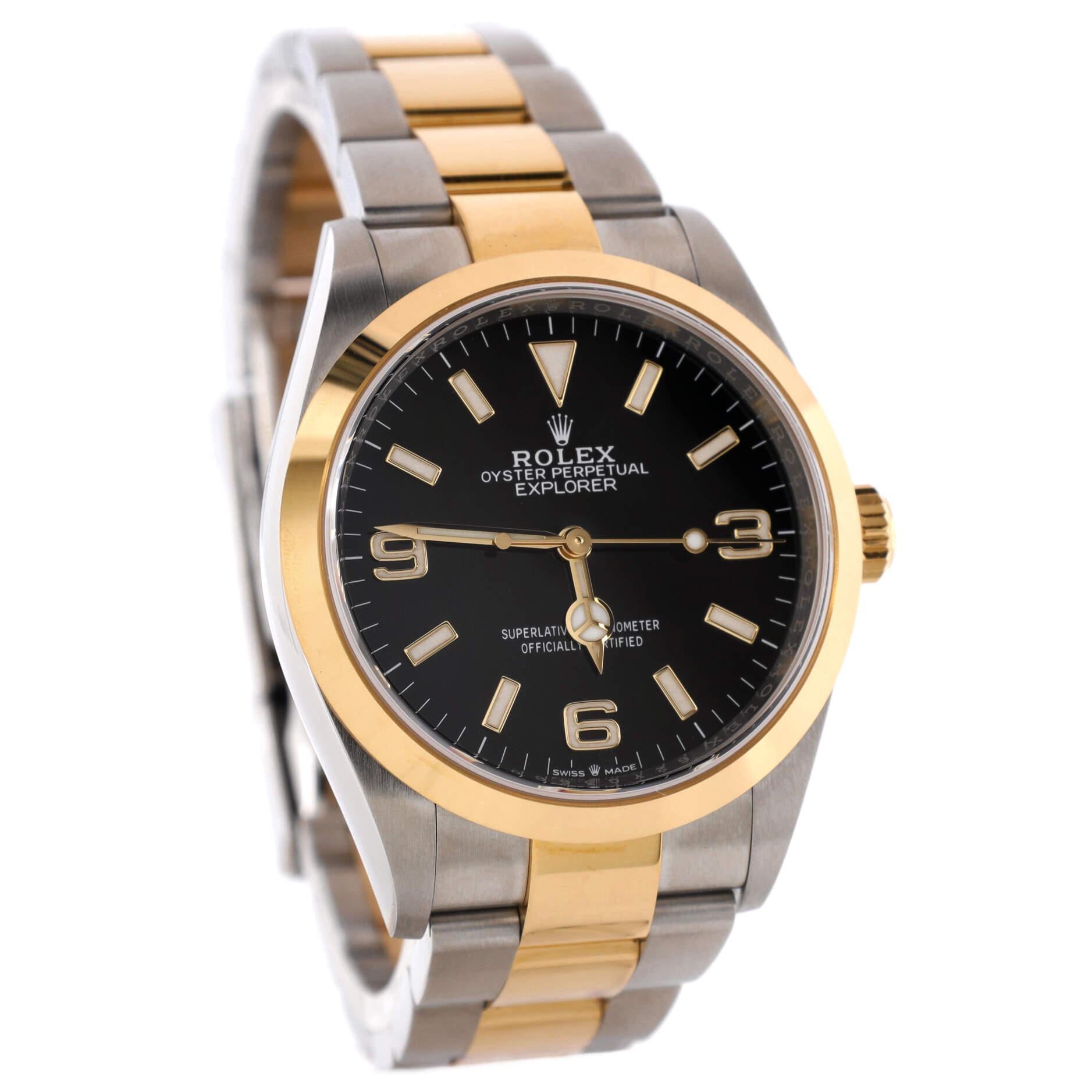 Rolex Oyster Perpetual Explorer Automatic Watch Stainless Steel and Yellow Gold In Good Condition In New York, NY