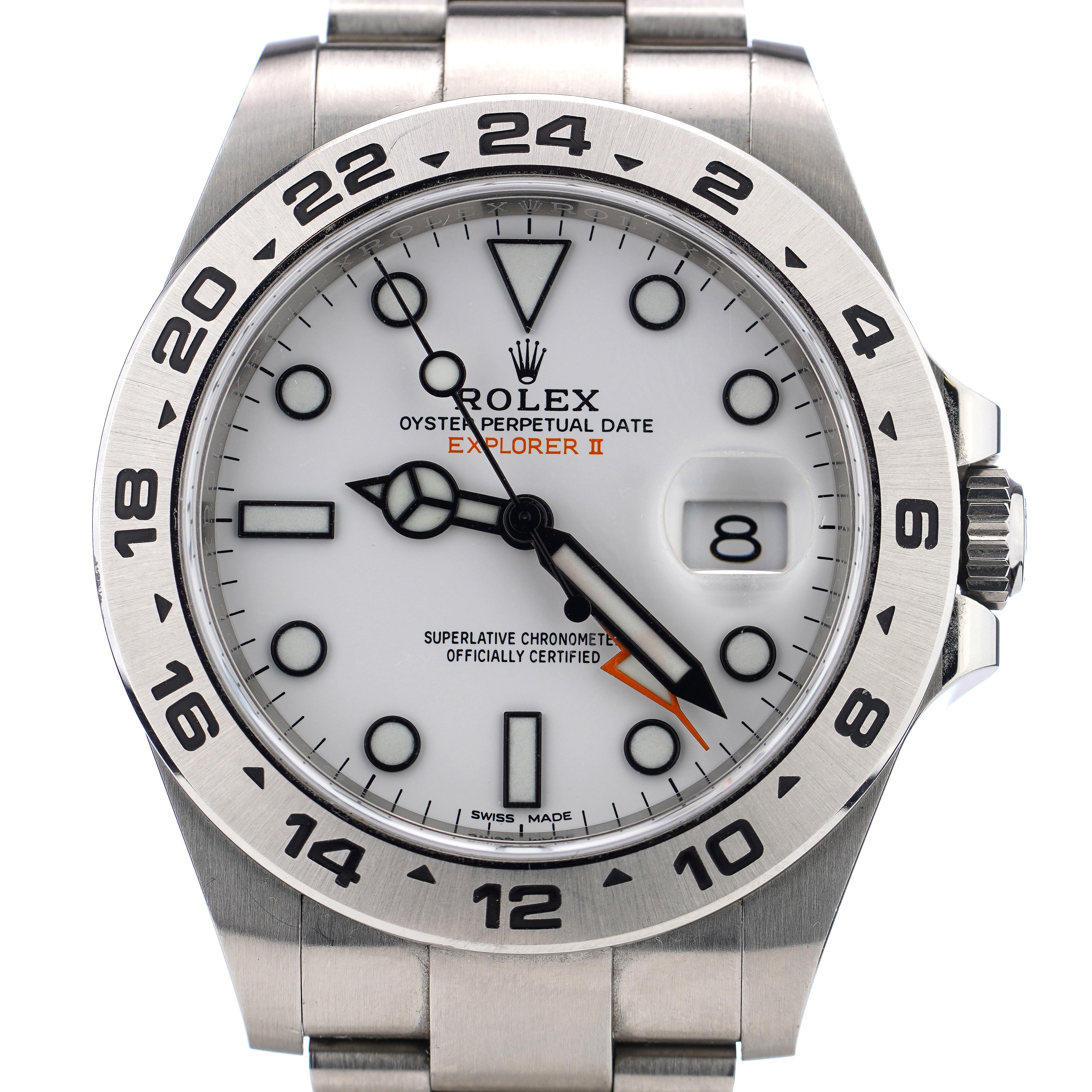 Rolex Oyster Perpetual Explorer II 216570 
Fabriqué en 2018, Date d'achat 2019 

Diamètre du boîtier : 42 mm
Mouvement : Automatique
Modèle n° 216570 
Matériau du bracelet de la montre : Acier inoxydable
Matériau du boîtier : Inox 
Cadran : Blanc