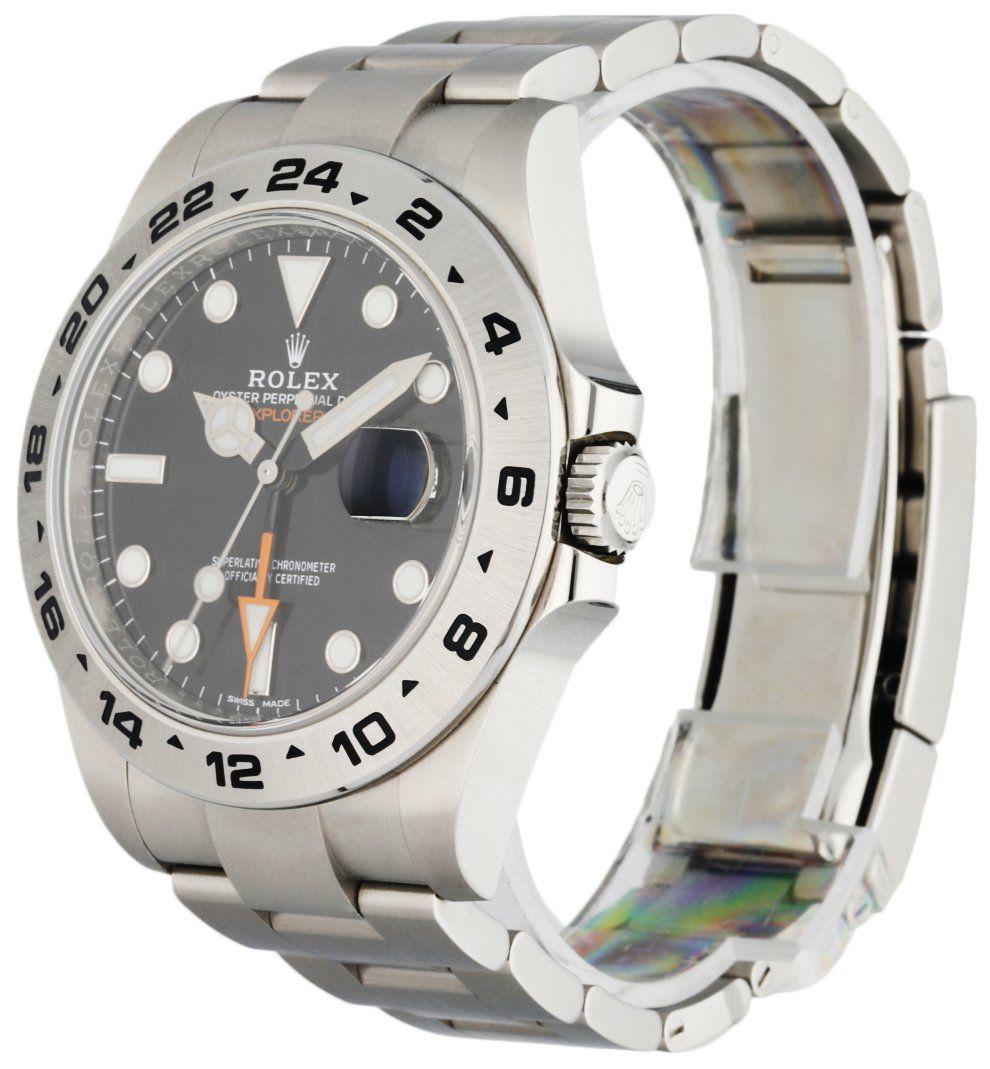 
Men's Rolex Oyster Perpetual Explorer II. 42mm stainless steel case. Stainless steel bezel with black Arabic numerals bezel insert. Black dial with steel luminous hands and index hour markers. Magnified date display at 3 o'clock position. Stainless