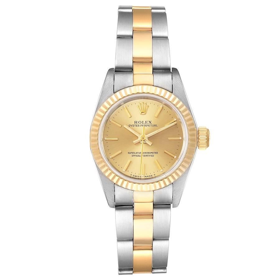 Rolex Oyster Perpetual Fluted Bezel Steel Yellow Gold Ladies Watch 67193 Box. Officially certified chronometer self-winding movement. Stainless steel oyster case 24.0 mm in diameter. Rolex logo on a 18k yellow gold crown. 18k yellow gold fluted