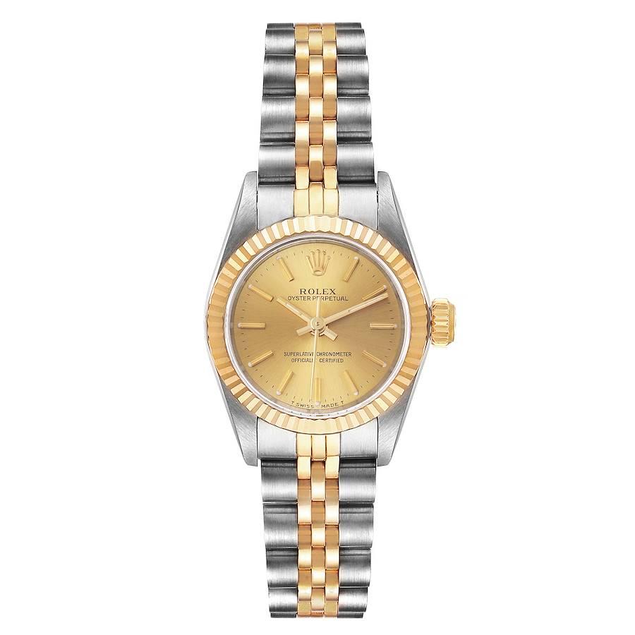 Rolex Oyster Perpetual Fluted Bezel Steel Yellow Gold Ladies Watch 67193. Officially certified chronometer self-winding movement. Stainless steel oyster case 24.0 mm in diameter. Rolex logo on a 18k yellow gold crown. 18k yellow gold fluted bezel.