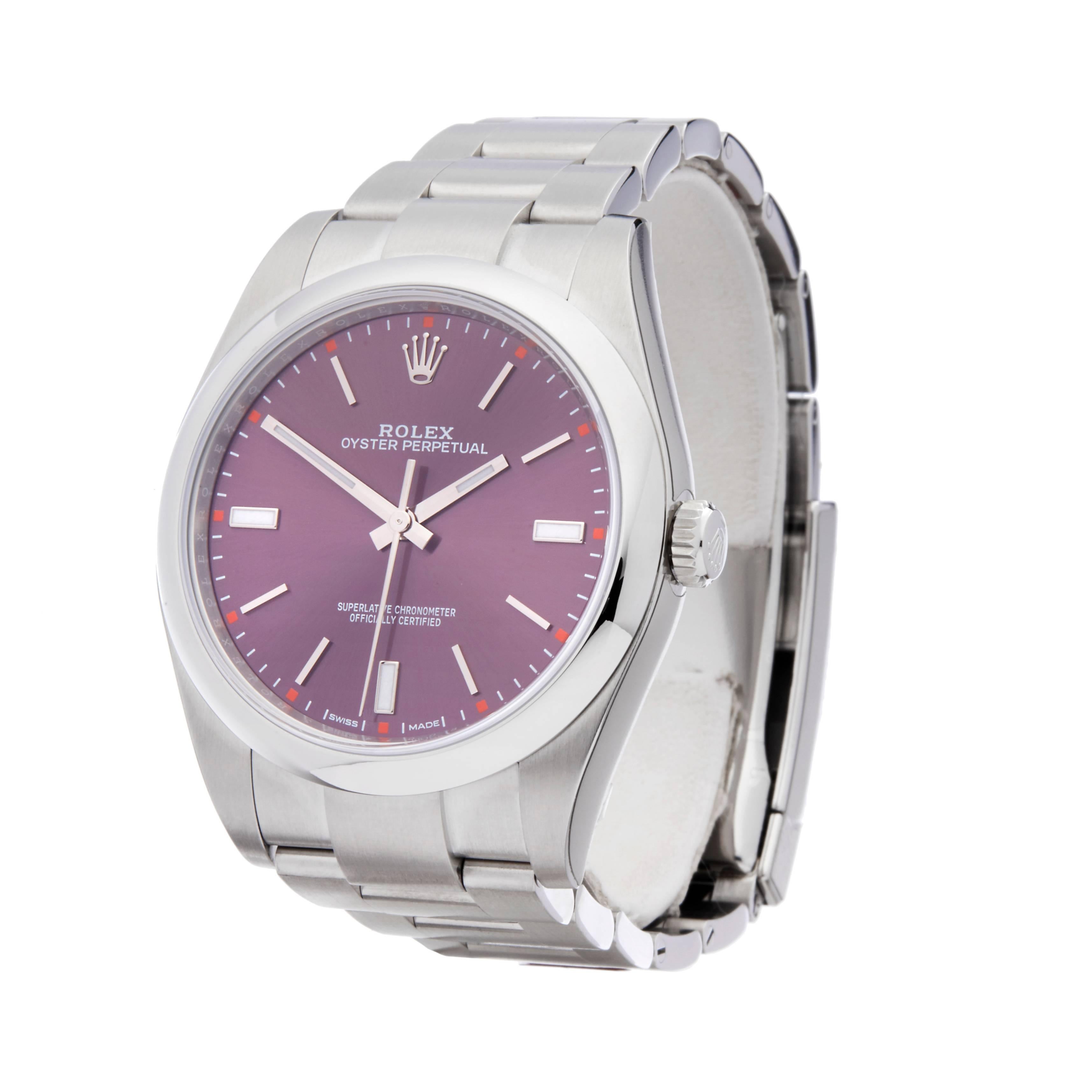 Ref: COM1474
Manufacturer: Rolex
Model: Oyster Perpetual
Model Ref: 114300
Age: 12th April 2017
Gender: Mens
Complete With: Box & Guarantee
Dial: Red Grape Baton
Glass: Sapphire Crystal
Movement: Automatic
Water Resistance: To Manufacturers