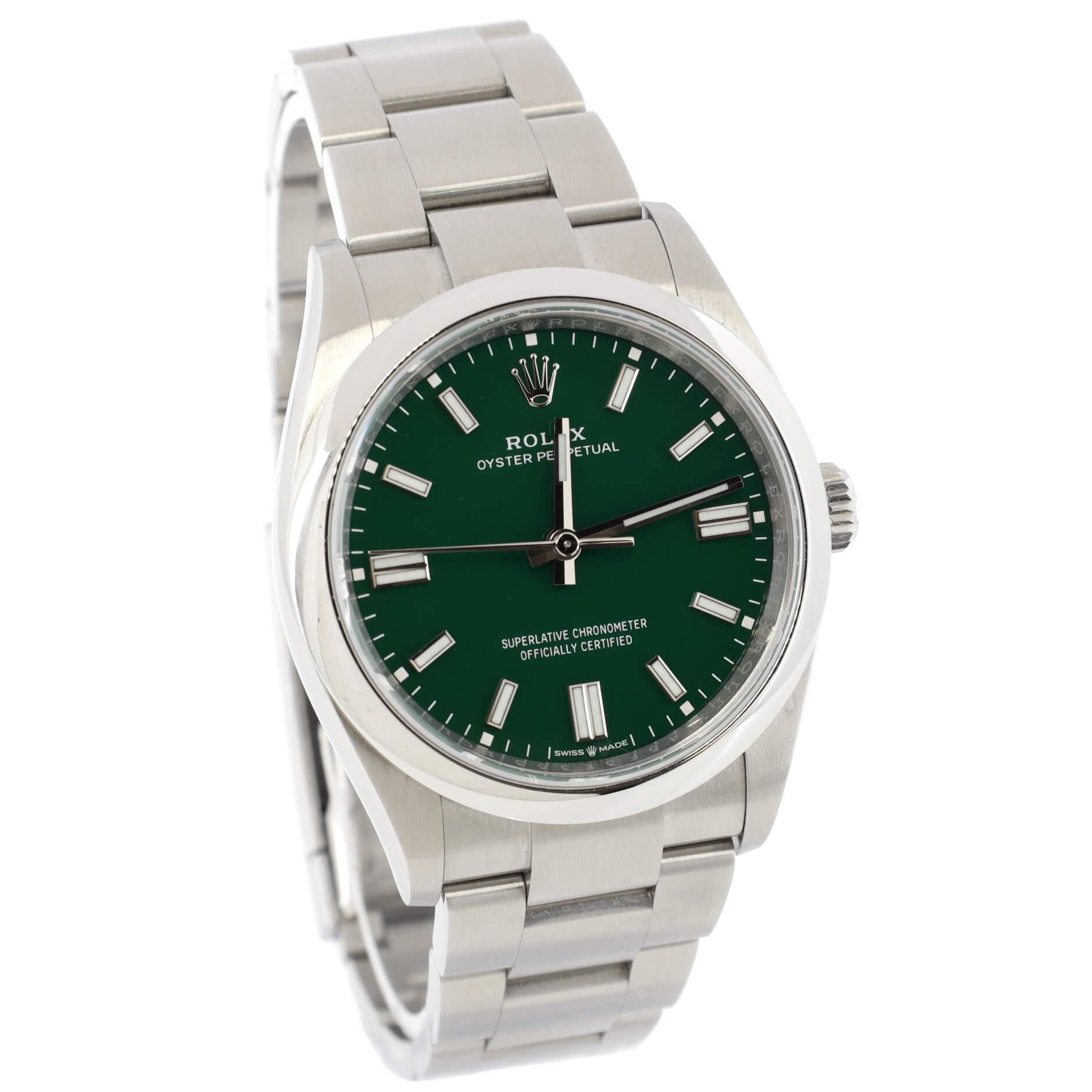 Rolex Oyster Perpetual Green Automatic Watch Stainless Steel 36 In Good Condition For Sale In New York, NY