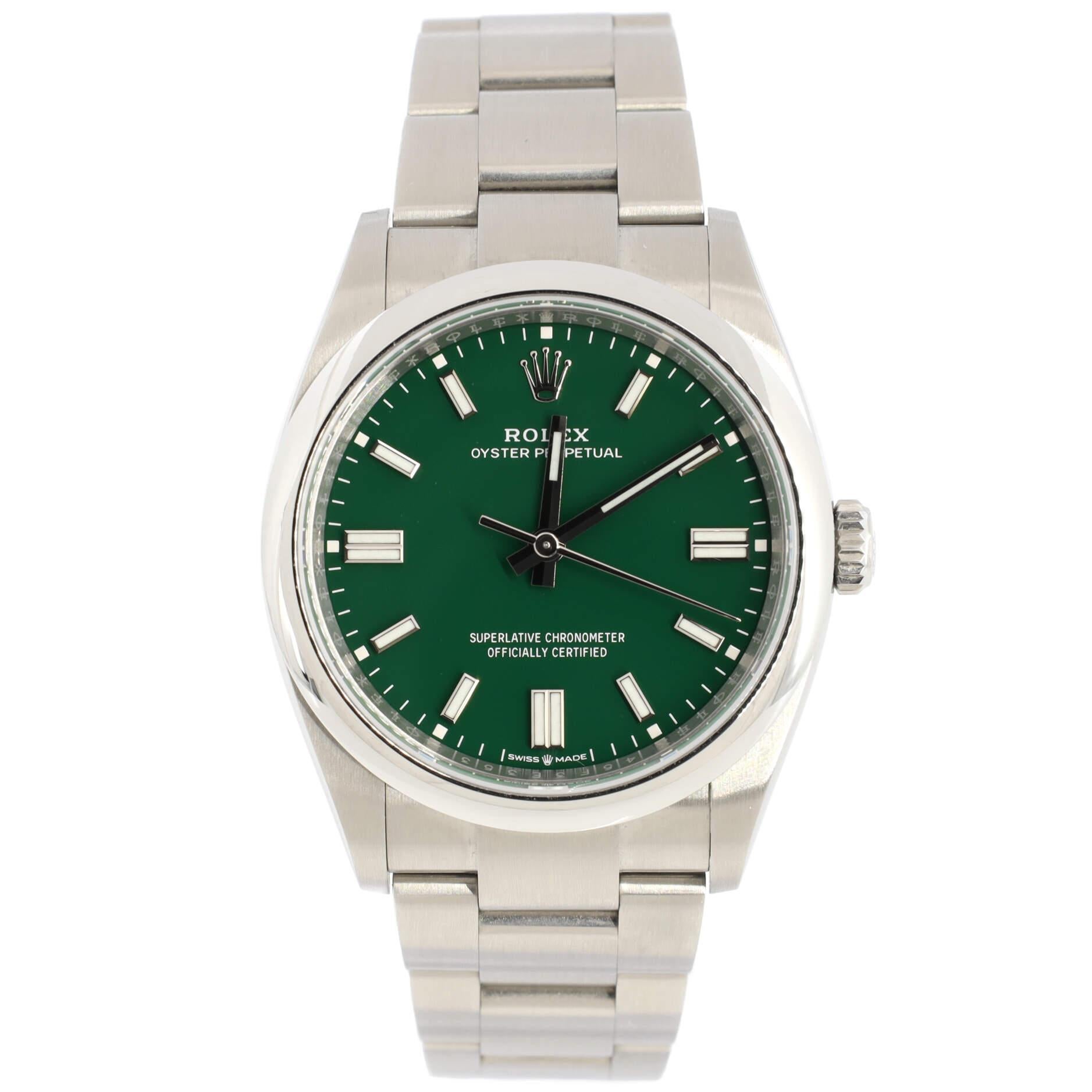 Rolex Oyster Perpetual Green Automatic Watch Stainless Steel 36 For Sale
