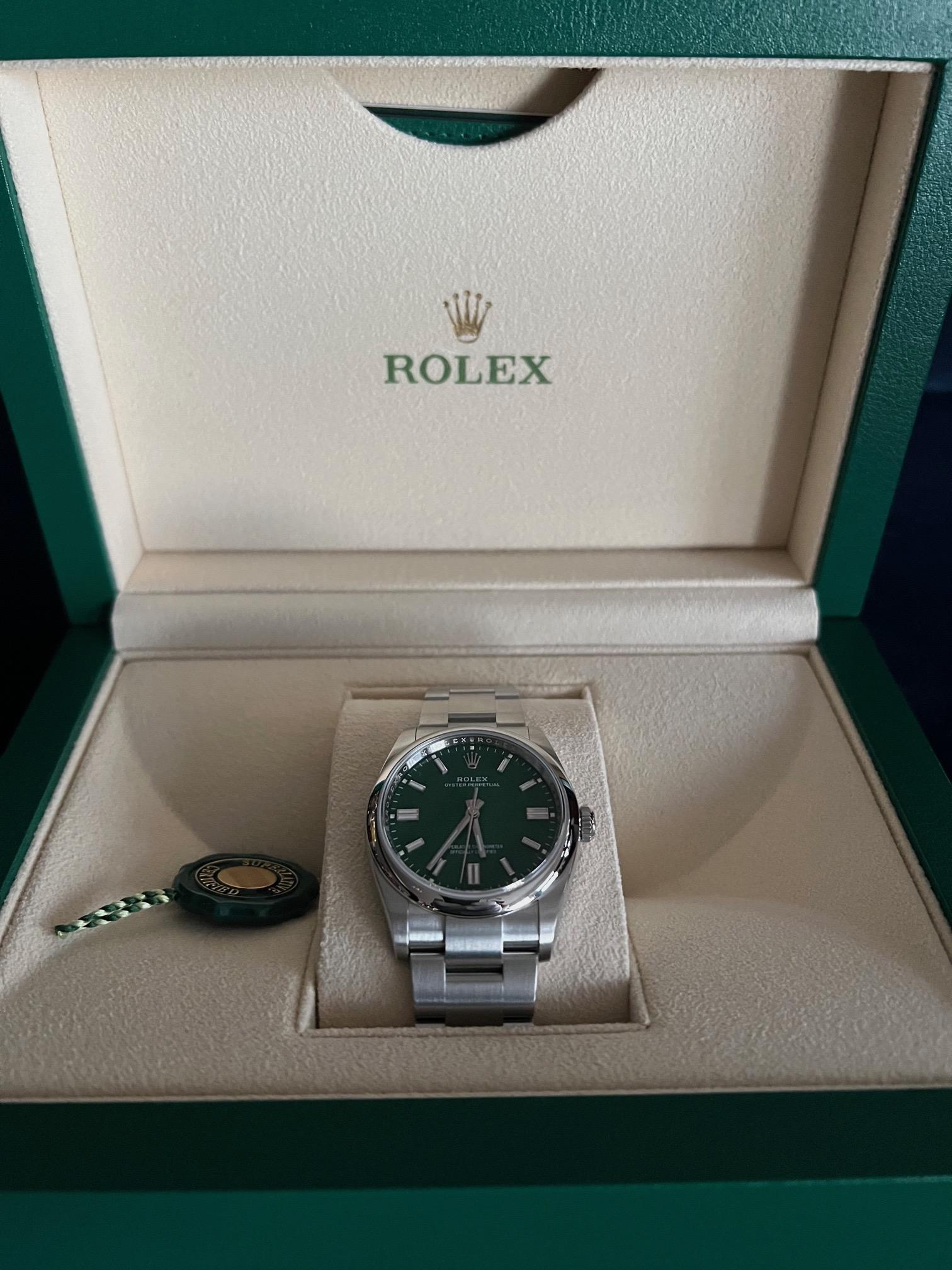 Rolex Oyster Perpetual Green Dial Steel 36mm Watch 126000 Full Set 2023 Unworn For Sale 5