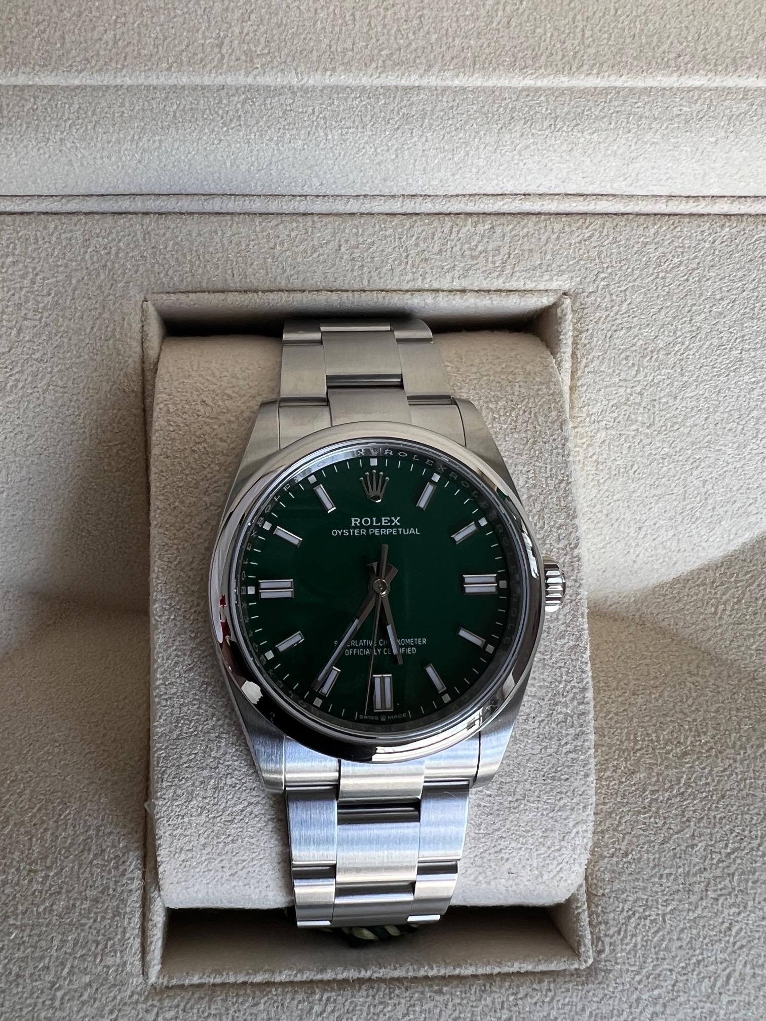 Rolex Oyster Perpetual Green Dial Steel 36mm Watch 126000 Full Set 2023 Unworn For Sale 10