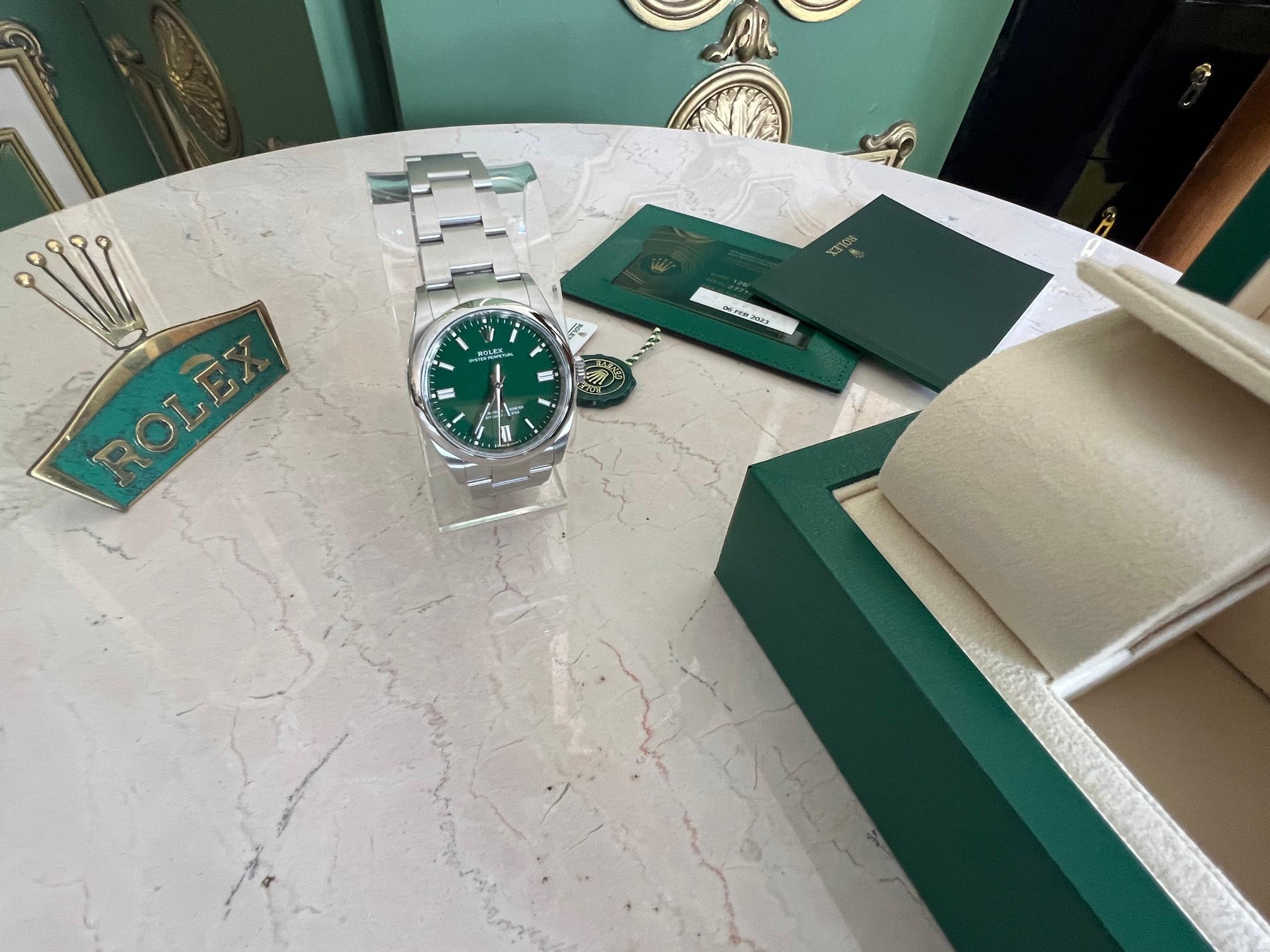 Rolex Oyster Perpetual Green Dial Steel 36mm Watch 126000 Full Set 2023 Unworn For Sale 1