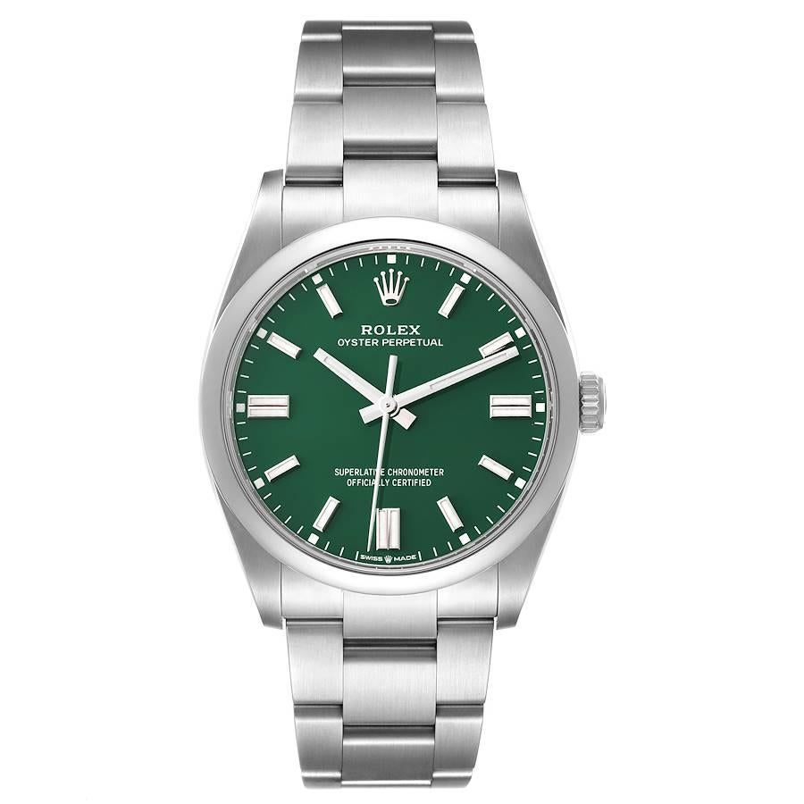 Rolex Oyster Perpetual Green Dial Steel Mens Watch 126000 Unworn. Officially certified chronometer self-winding movement. Stainless steel case 36.0 mm in diameter. Rolex logo on a crown. Stainless steel smooth domed bezel. Scratch resistant sapphire