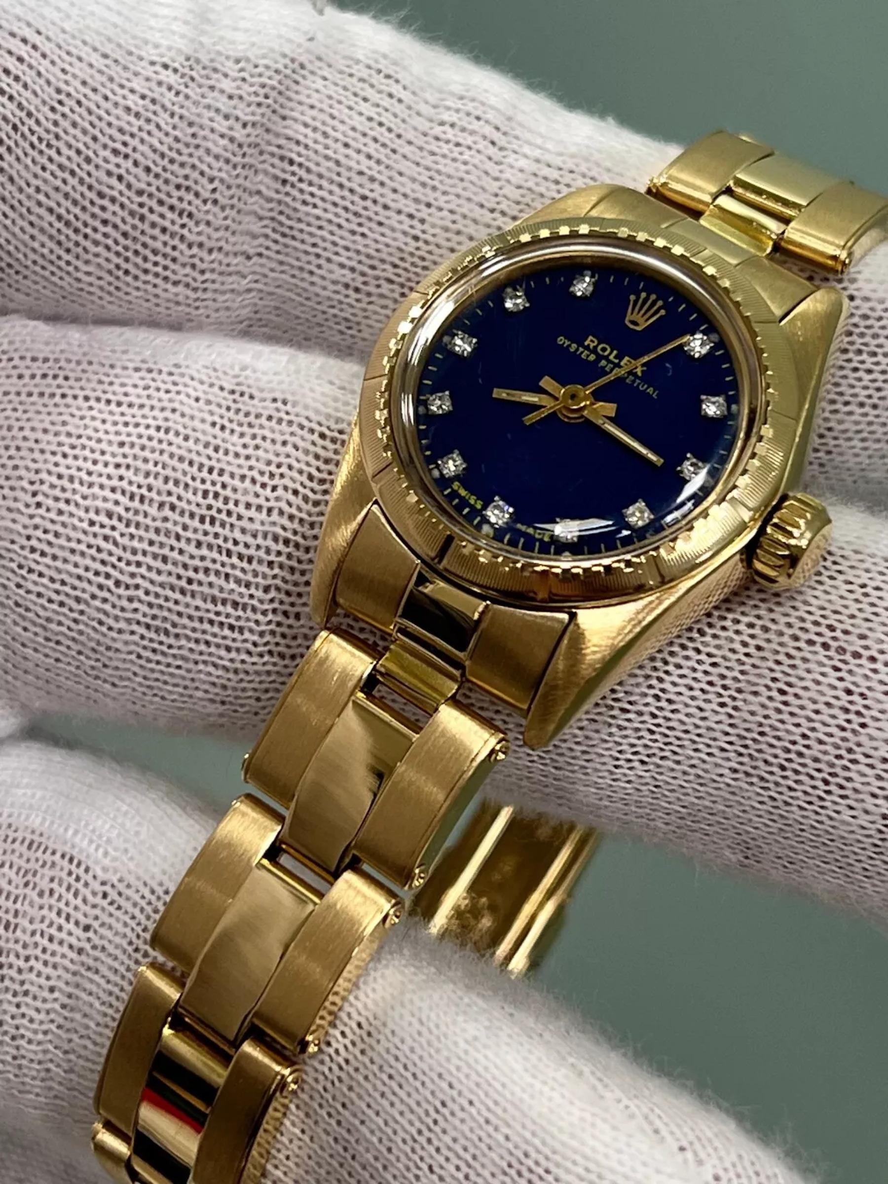 Rolex Oyster Perpetual Damen 18K Gelbgold 67198 Blaues Diamant-Zifferblatt für Damen oder Herren
