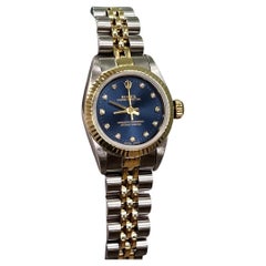 Rolex Oyster Perpetual Ladies 67193 Blue Diamond Dial 18K Gold Steel Box Papers