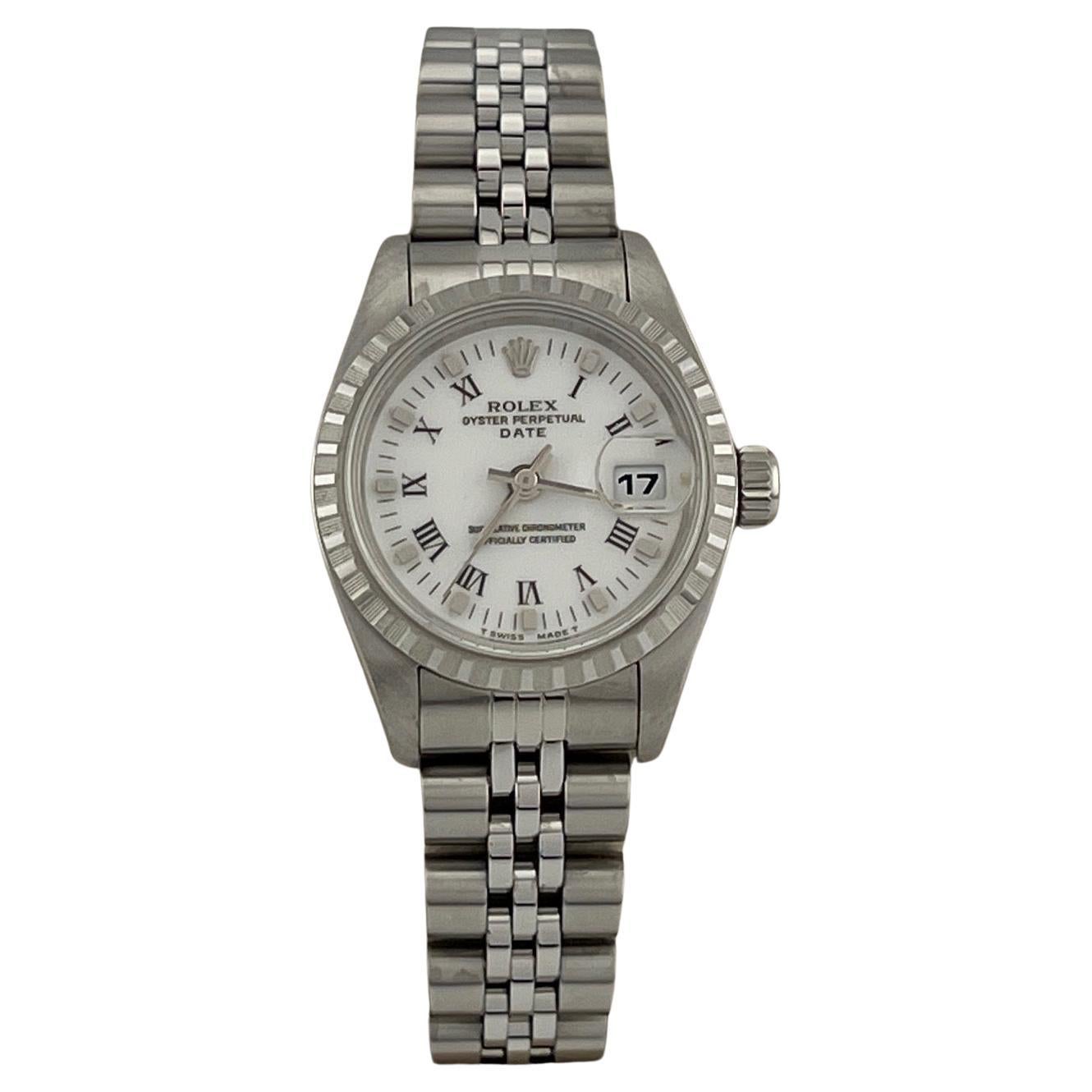Rolex Oyster Perpetual Lady Date 69240 26mm Blanco Esfera Romana Acero Papel de Servicio en venta