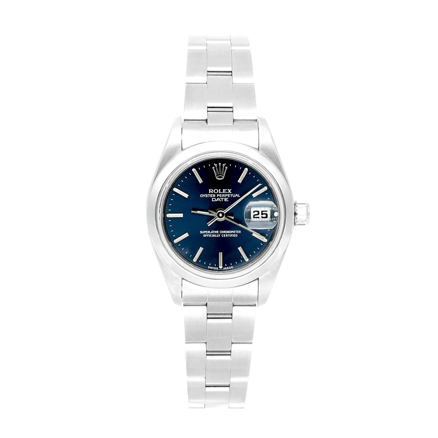 Rolex Date Blue Dial Oyster Bracelet Stainless Steel Ladies Watch 69160, Circa 1999.
This watch has been professionally polished, serviced and is in excellent overall condition. There are absolutely no visible scratches or blemishes. Authenticity