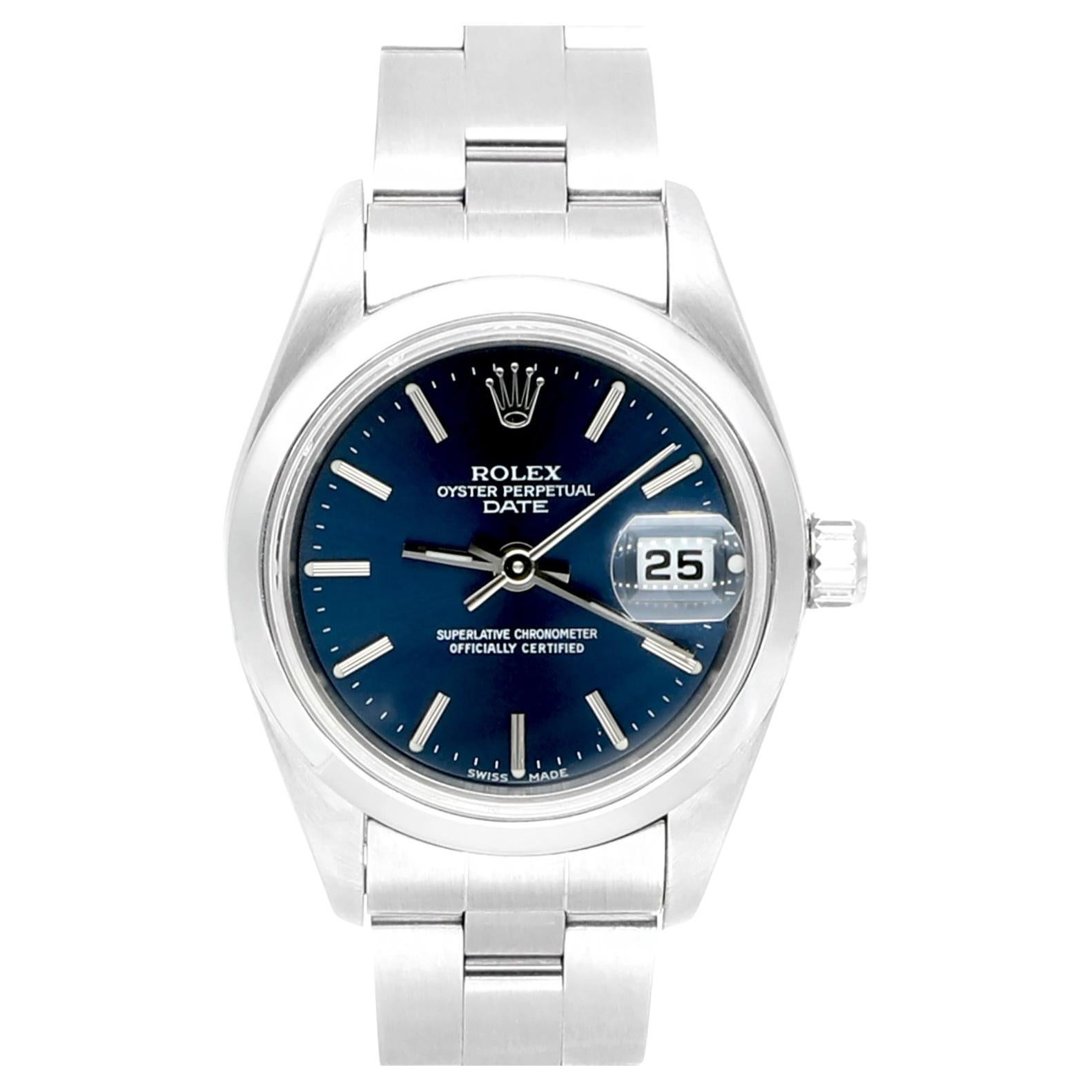 Rolex Oyster Perpetual Lady Date Blue Dial Oyster Bracelet Stainless Watch 69160 For Sale
