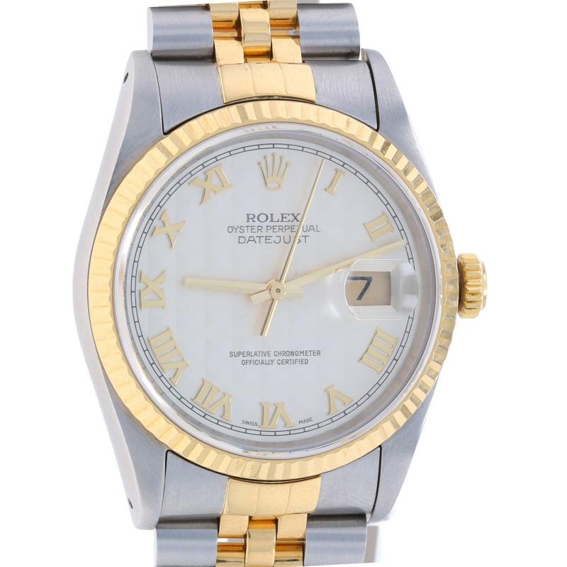 Brand: Rolex
Model: Oyster Perpetual
Model Number: 16233
Warranty: One Year
Year: 1993
Movement Maker: Swiss
Dial Color: Ivory Pyramid

Metal Content: Stainless Steel & 18k Yellow Gold

Fastening Type: Fold-Over Clasp
Features: 
Fluted bezel