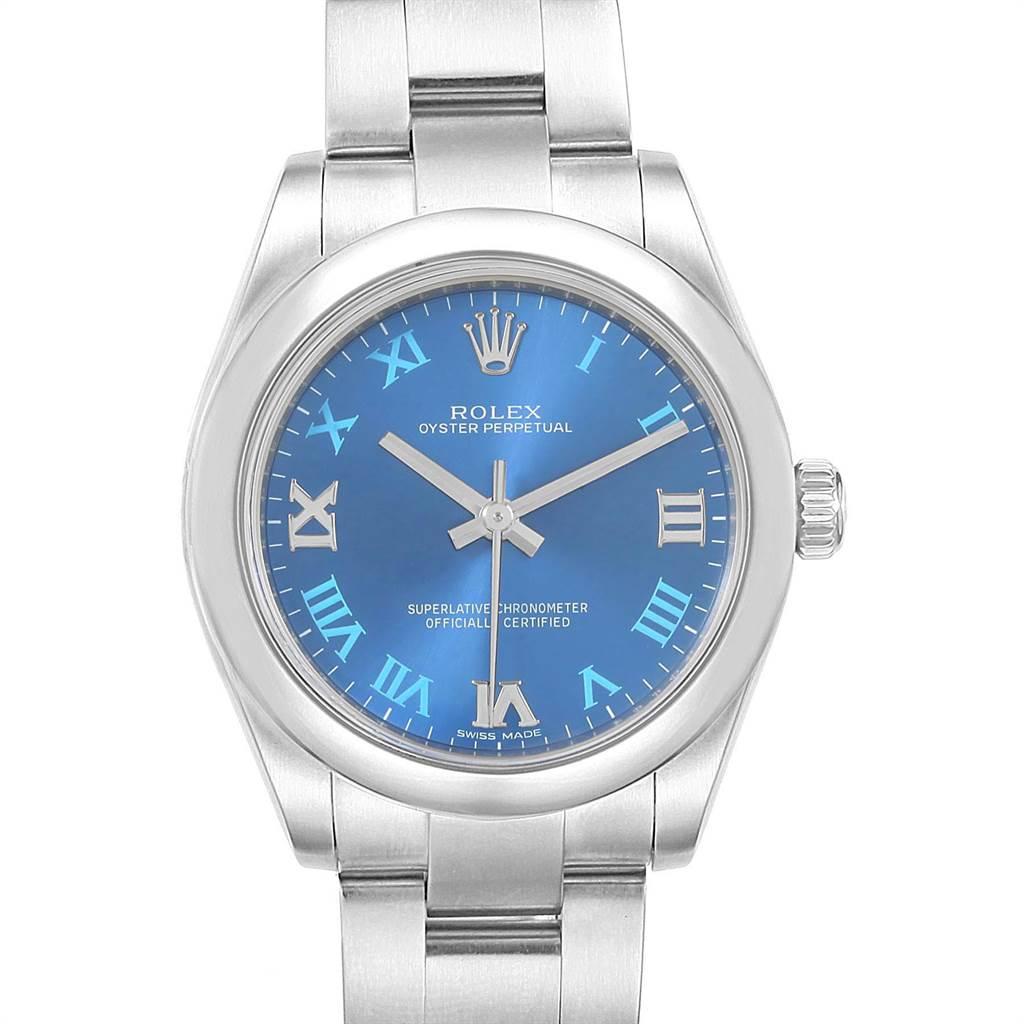 Rolex Oyster Perpetual Midsize 31 Blue Dial Ladies Watch 177200 Box Card. Officially certified chronometer self-winding movement. Stainless steel oyster case 31.0 mm in diameter. Rolex logo on a crown. Stainless steel smooth domed bezel. Scratch