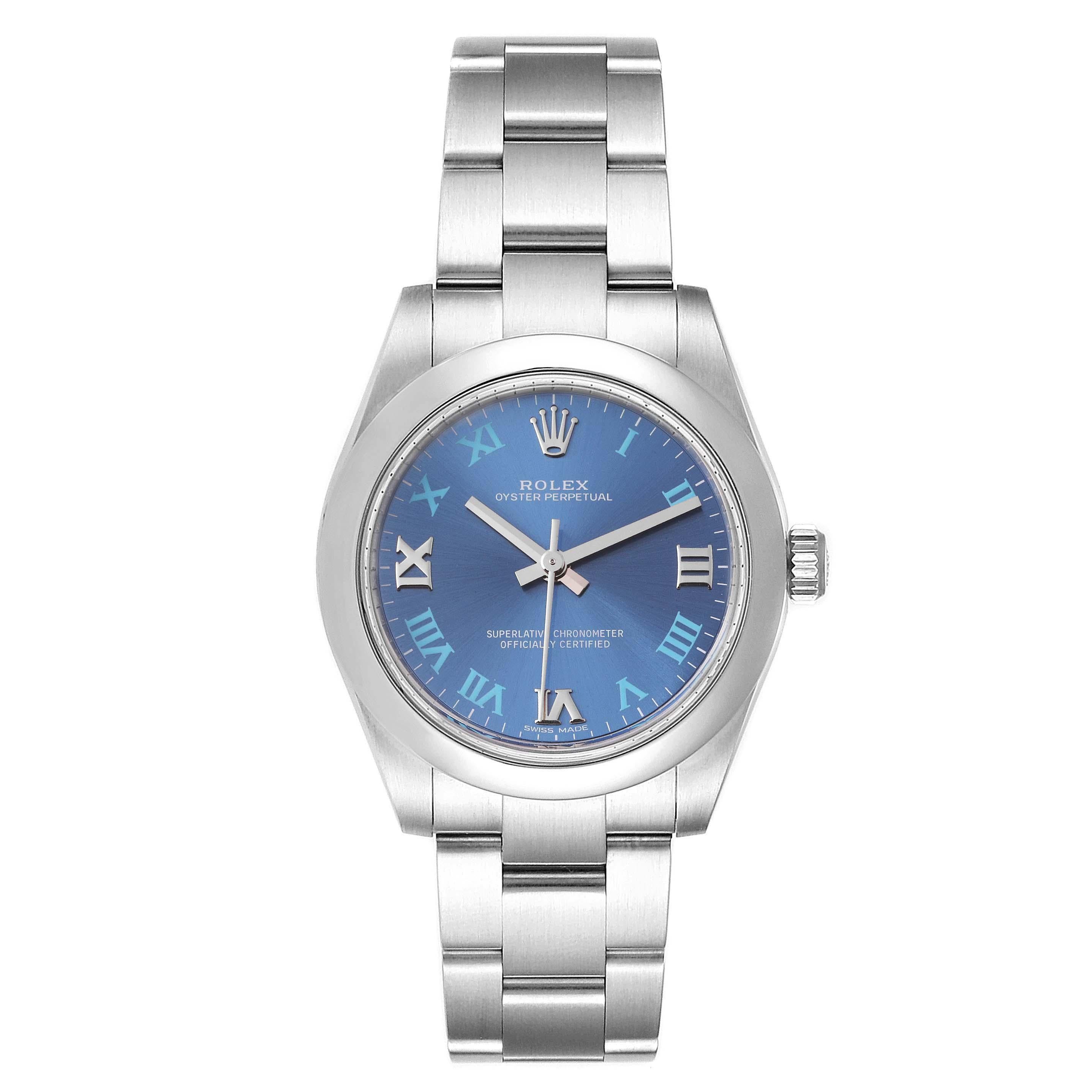 Rolex Oyster Perpetual Midsize 31 Blue Dial Ladies Watch 177200 Box Card. Officially certified chronometer self-winding movement. Stainless steel oyster case 31.0 mm in diameter. Rolex logo on a crown. Stainless steel smooth domed bezel. Scratch