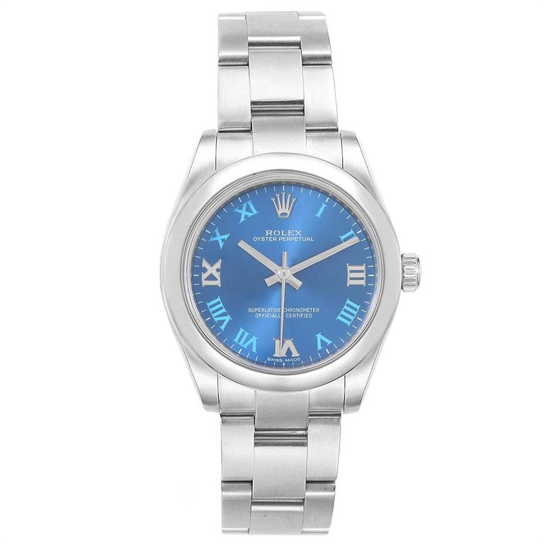 Rolex Oyster Perpetual Midsize 31 Blue Dial Ladies Watch 177200 Box Card For Sale At 1stdibs