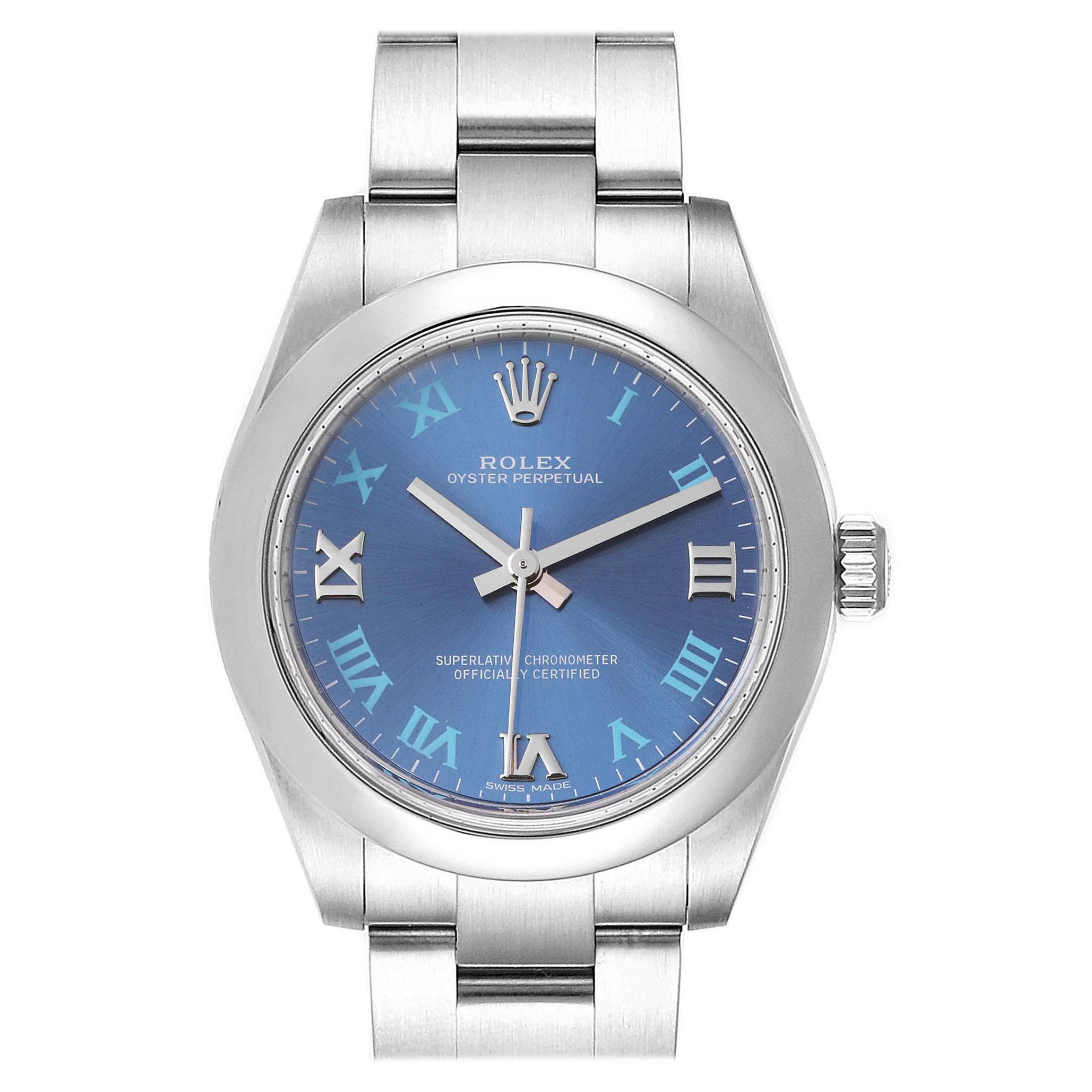 Rolex Oyster Perpetual Midsize 31 Blue Dial Ladies Watch 177200 Box Card For Sale