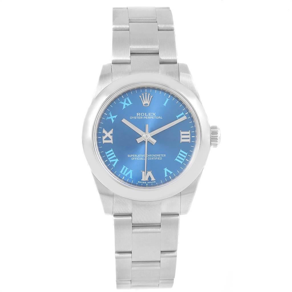 Rolex Oyster Perpetual Midsize 31 Blue Dial Ladies Watch 177200. Officially certified chronometer self-winding movement. Stainless steel oyster case 31.0 mm in diameter. Rolex logo on a crown. Stainless steel smooth bezel. Scratch resistant sapphire