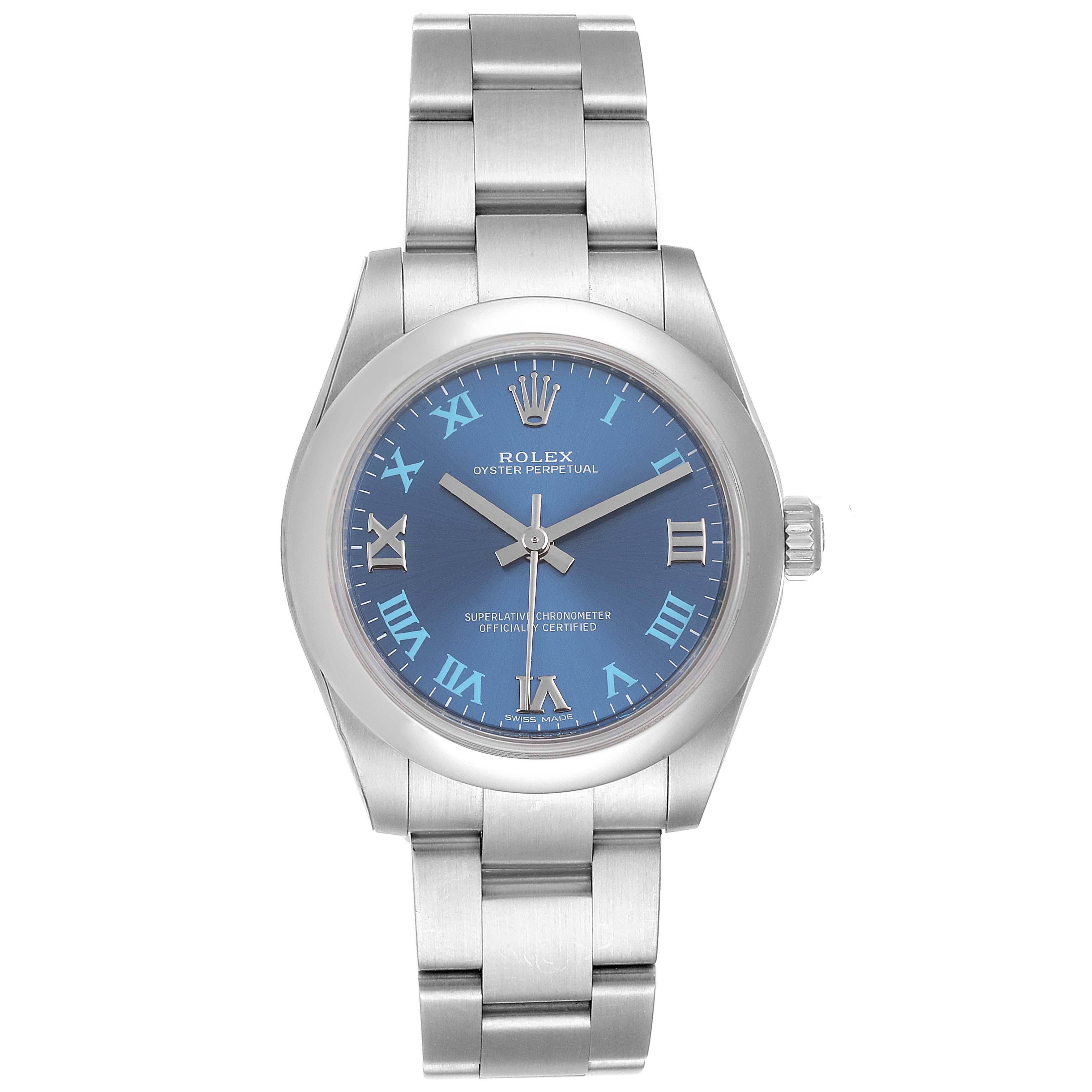 Rolex Oyster Perpetual Midsize 31 Blue Dial Ladies Watch 177200 Unworn. Officially certified chronometer self-winding movement. Stainless steel oyster case 31.0 mm in diameter. Rolex logo on a crown. Stainless steel smooth domed bezel. Scratch