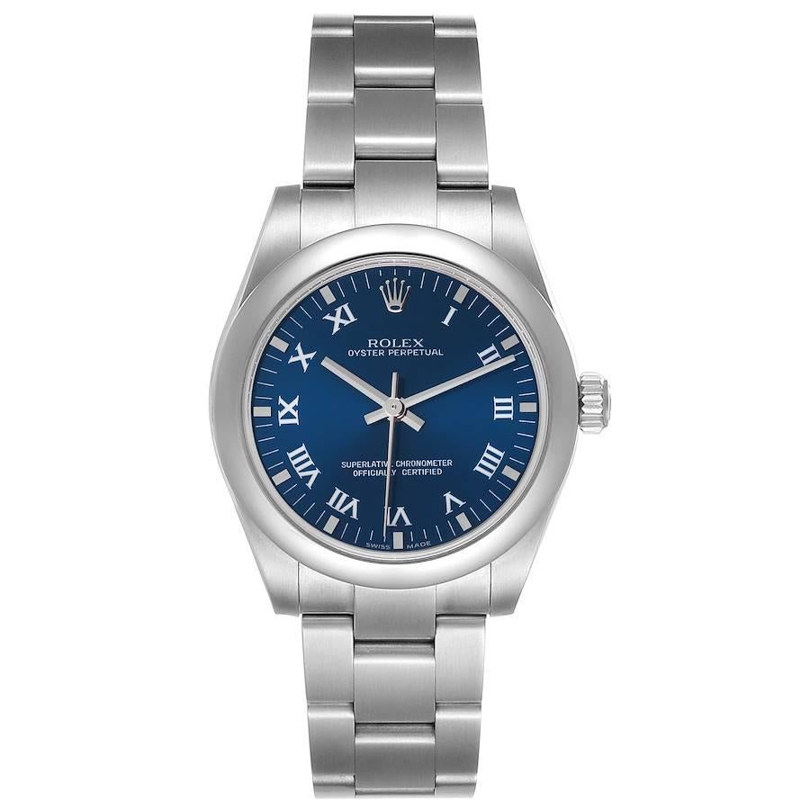 Rolex Oyster Perpetual Midsize 31 Blue Dial Steel Ladies Watch 177200. Officially certified chronometer self-winding movement. Stainless steel oyster case 31.0 mm in diameter. Rolex logo on a crown. Stainless steel smooth domed bezel. Scratch