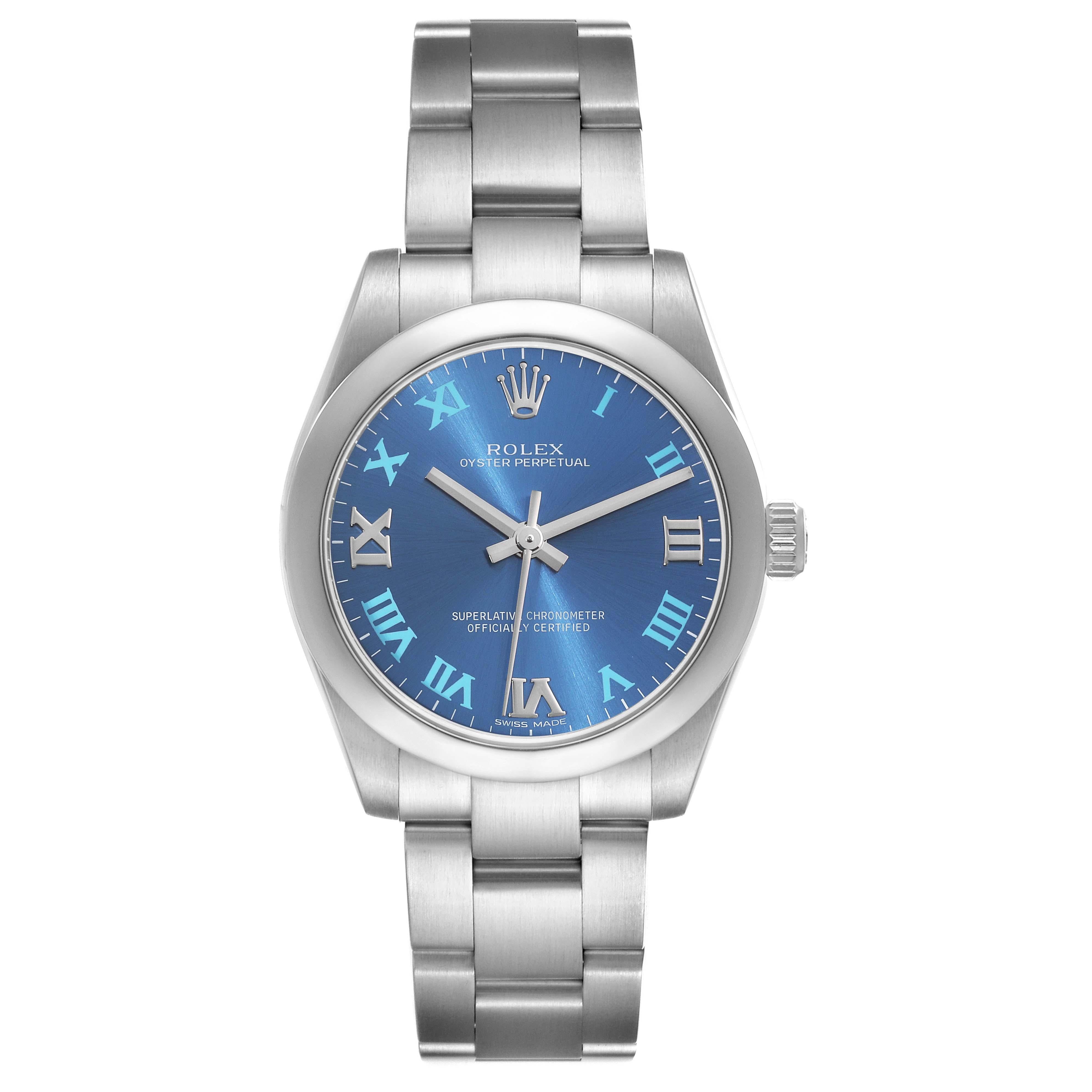 Rolex Oyster Perpetual Midsize 31 Blue Dial Steel Ladies Watch 177200. Officially certified chronometer automatic self-winding movement. Stainless steel oyster case 31.0 mm in diameter. Rolex logo on the crown. Stainless steel smooth domed bezel.
