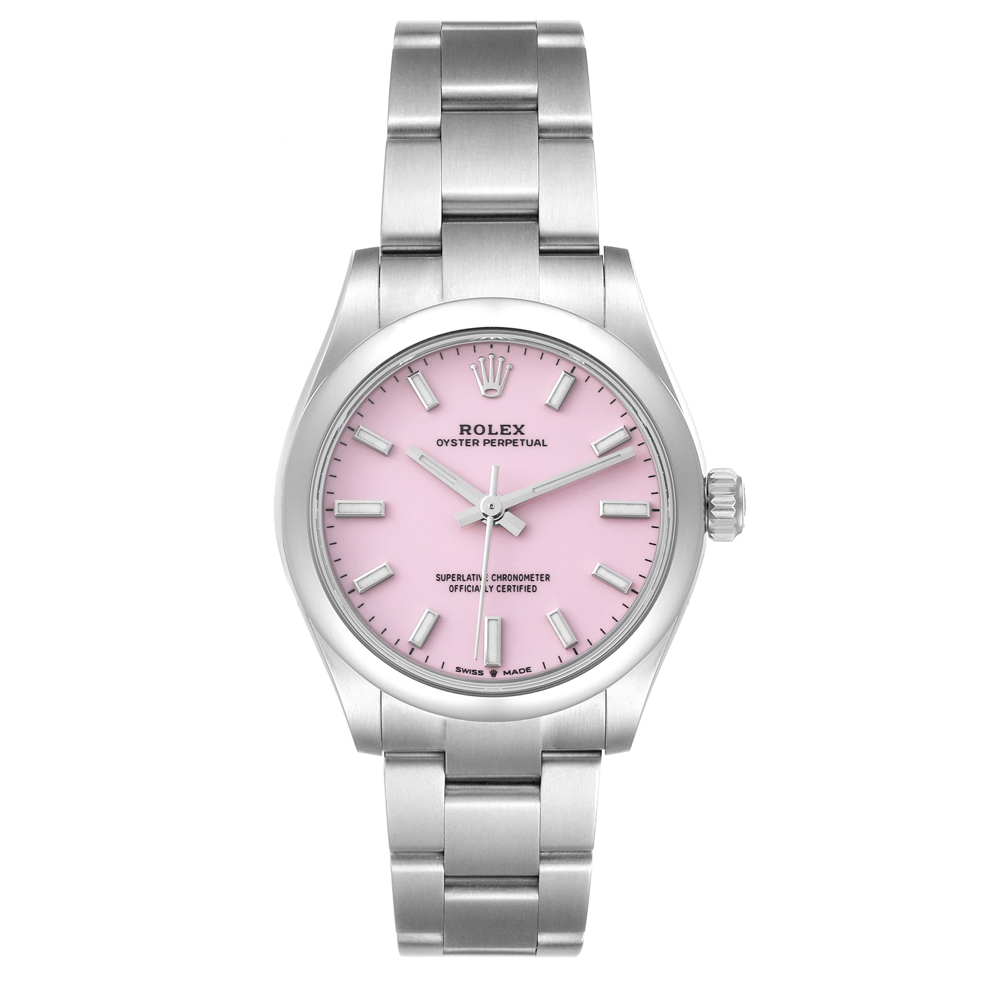 Rolex Oyster Perpetual Midsize Candy Pink Dial Steel Ladies Watch 277200. Automatic self-winding movement. Stainless steel oyster case 31.0 mm in diameter. Rolex logo on a crown. Stainless steel smooth bezel. Scratch resistant sapphire crystal.