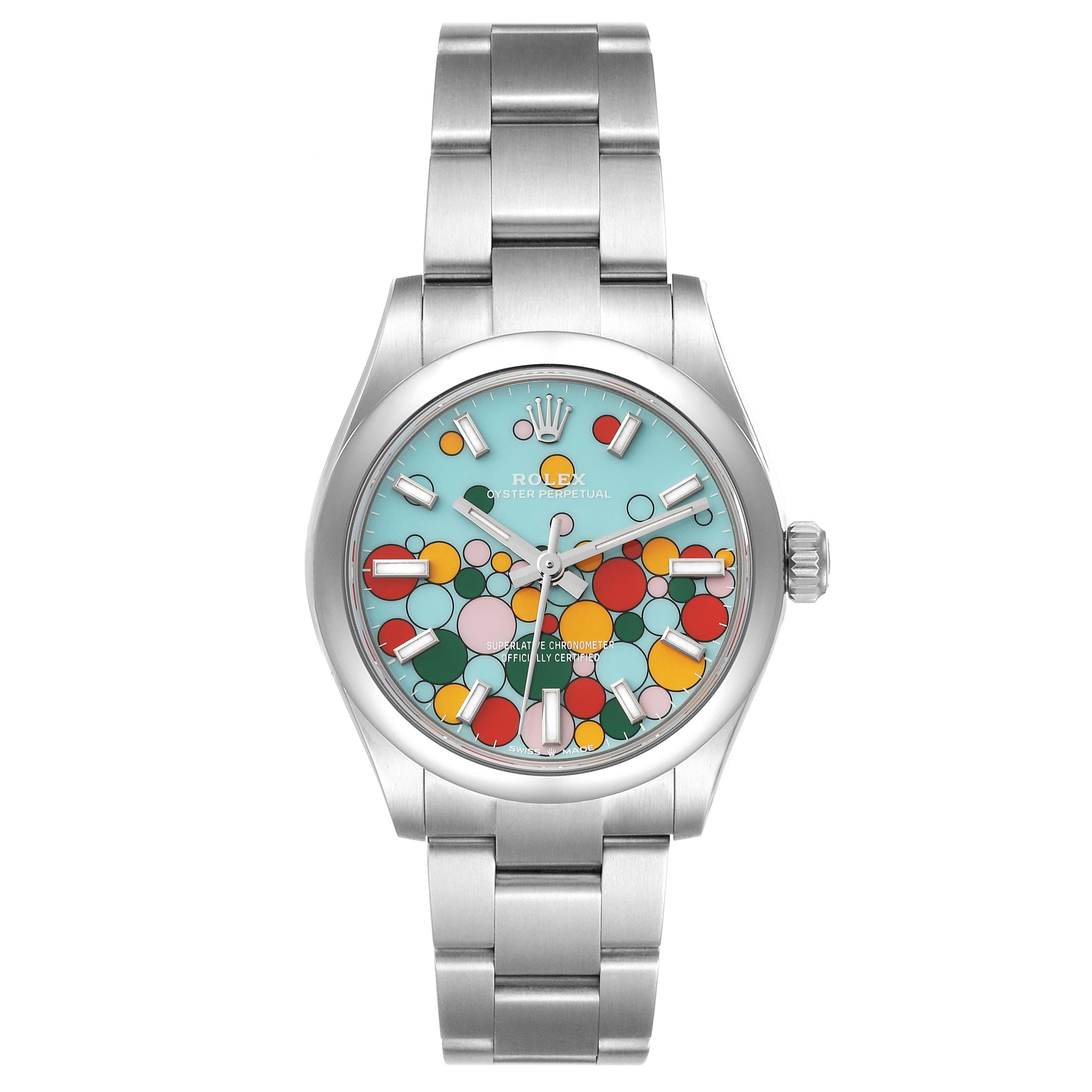Rolex Oyster Perpetual Midsize Celebration Dial Steel Ladies Watch 277200 Unworn. Automatic self-winding movement. Stainless steel oyster case 31.0 mm in diameter. Rolex logo on a crown. Stainless steel smooth bezel. Scratch resistant sapphire