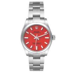 Rolex Oyster Perpetual Midsize Coral Red Dial Steel Ladies Watch 277200 Box Card
