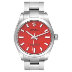 Rolex Oyster Perpetual Midsize Coral Red Dial Steel Ladies Watch 277200 Box Card