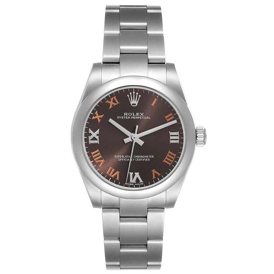 Rolex Oyster Perpetual Midsize Gray Dial Ladies Watch 177200. Officially certified chronometer self-winding movement. Stainless steel oyster case 31.0 mm in diameter. Rolex logo on a crown. Stainless steel smooth domed bezel. Scratch resistant