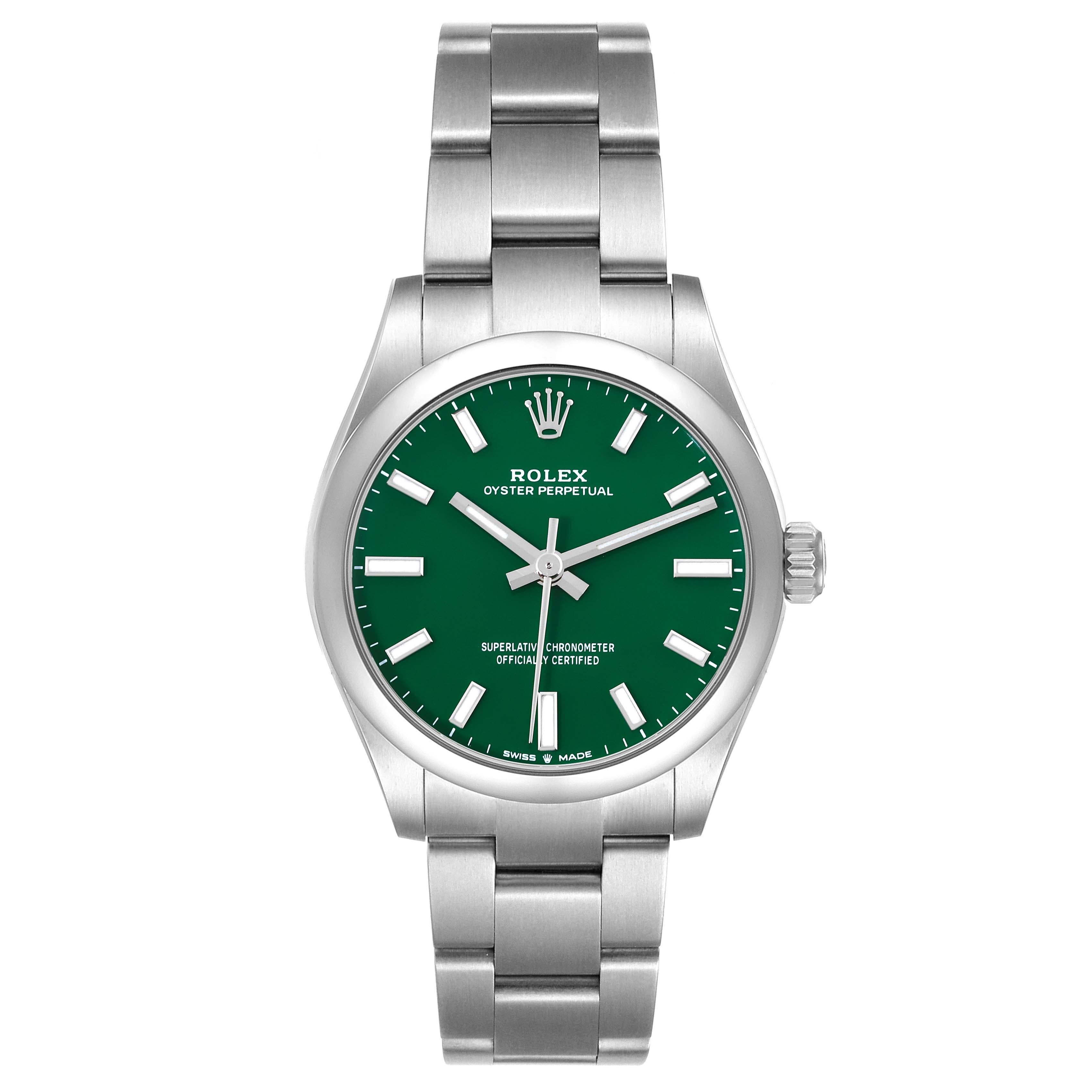 Rolex Oyster Perpetual Midsize Green Dial Automatic Steel Ladies Watch 277200. Automatic self-winding movement. Stainless steel oyster case 31.0 mm in diameter. Rolex logo on a crown. Stainless steel smooth bezel. Scratch resistant sapphire crystal.