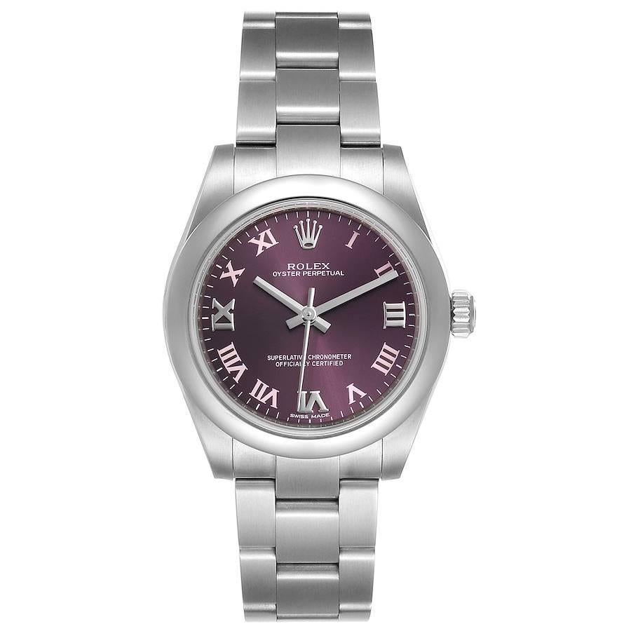 Rolex Oyster Perpetual Midsize Red Grape Dial Ladies Watch 177200 Box Card. Officially certified chronometer self-winding movement. Stainless steel oyster case 31.0 mm in diameter. Rolex logo on a crown. Stainless steel smooth domed bezel. Scratch