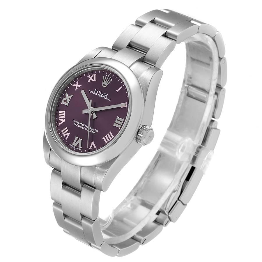 Rolex Oyster Perpetual Midsize Red Grape Dial Ladies Watch 177200 Box Card In Excellent Condition In Atlanta, GA