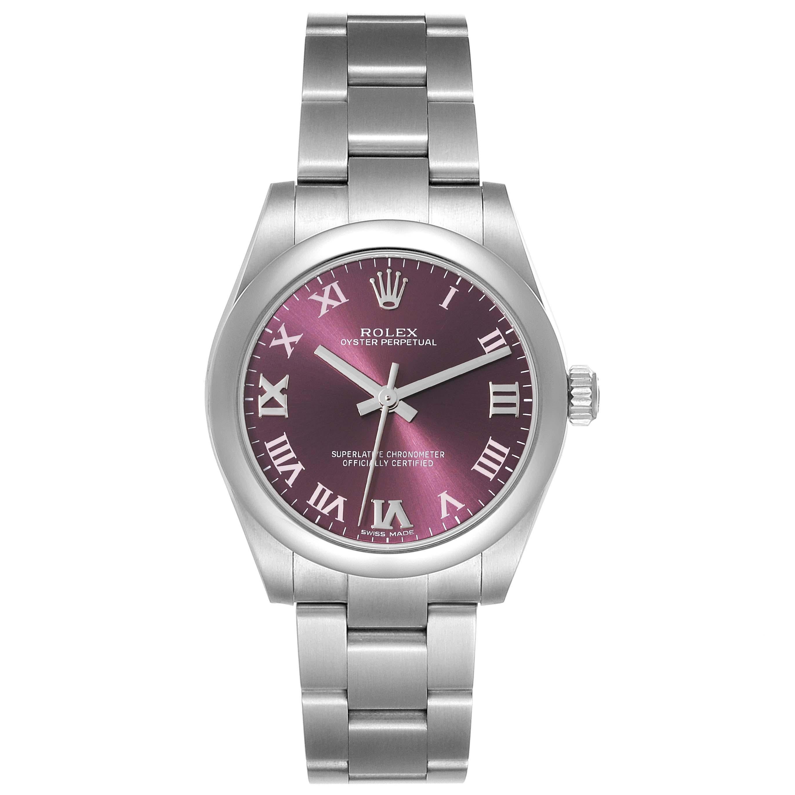 Rolex Oyster Perpetual Midsize Red Grape Dial Steel Ladies Watch 177200. Officially certified chronometer automatic self-winding movement. Stainless steel oyster case 31.0 mm in diameter. Rolex logo on the crown. Stainless steel smooth domed bezel.