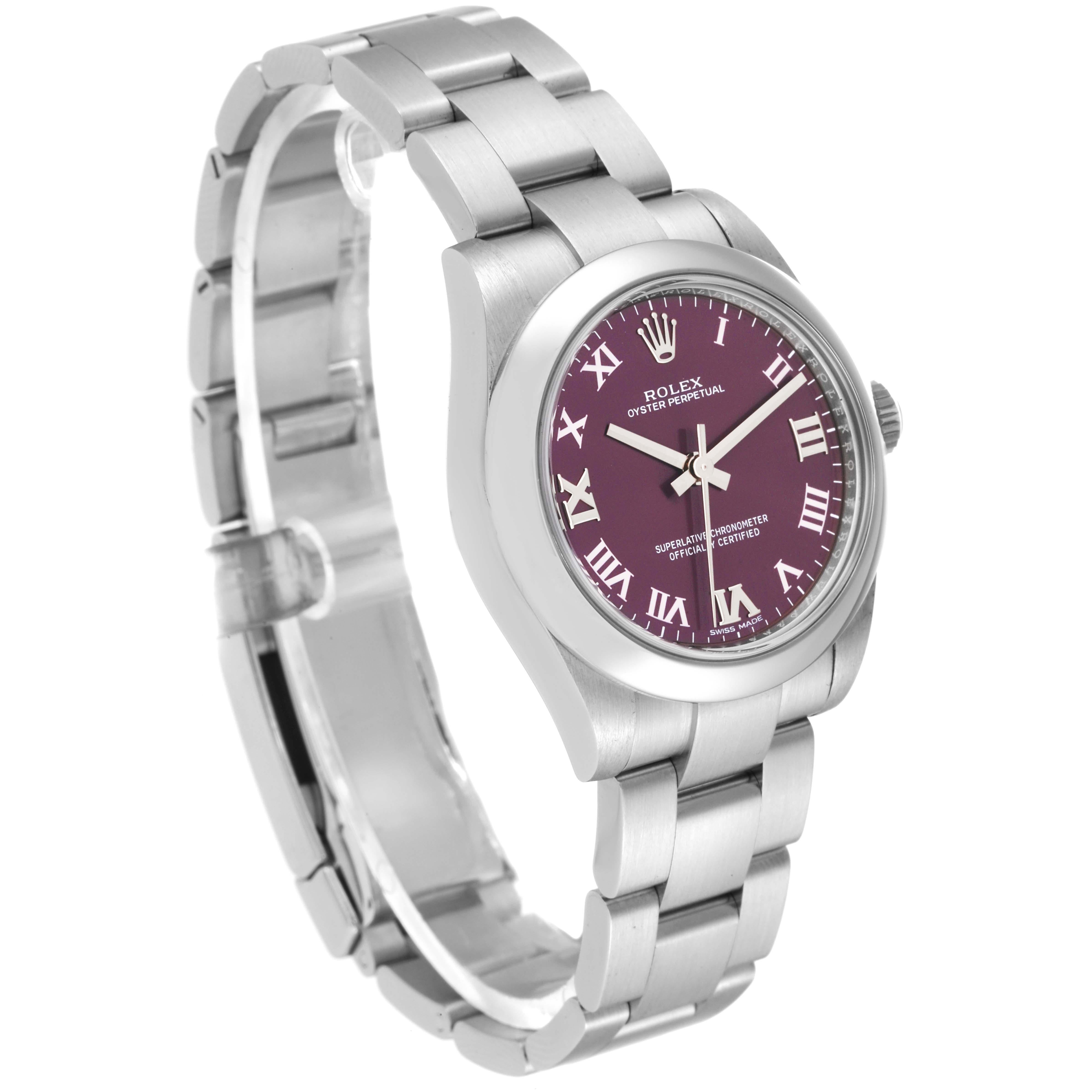 Rolex Oyster Perpetual Midsize Red Grape Dial Steel Ladies Watch 177200 In Excellent Condition In Atlanta, GA