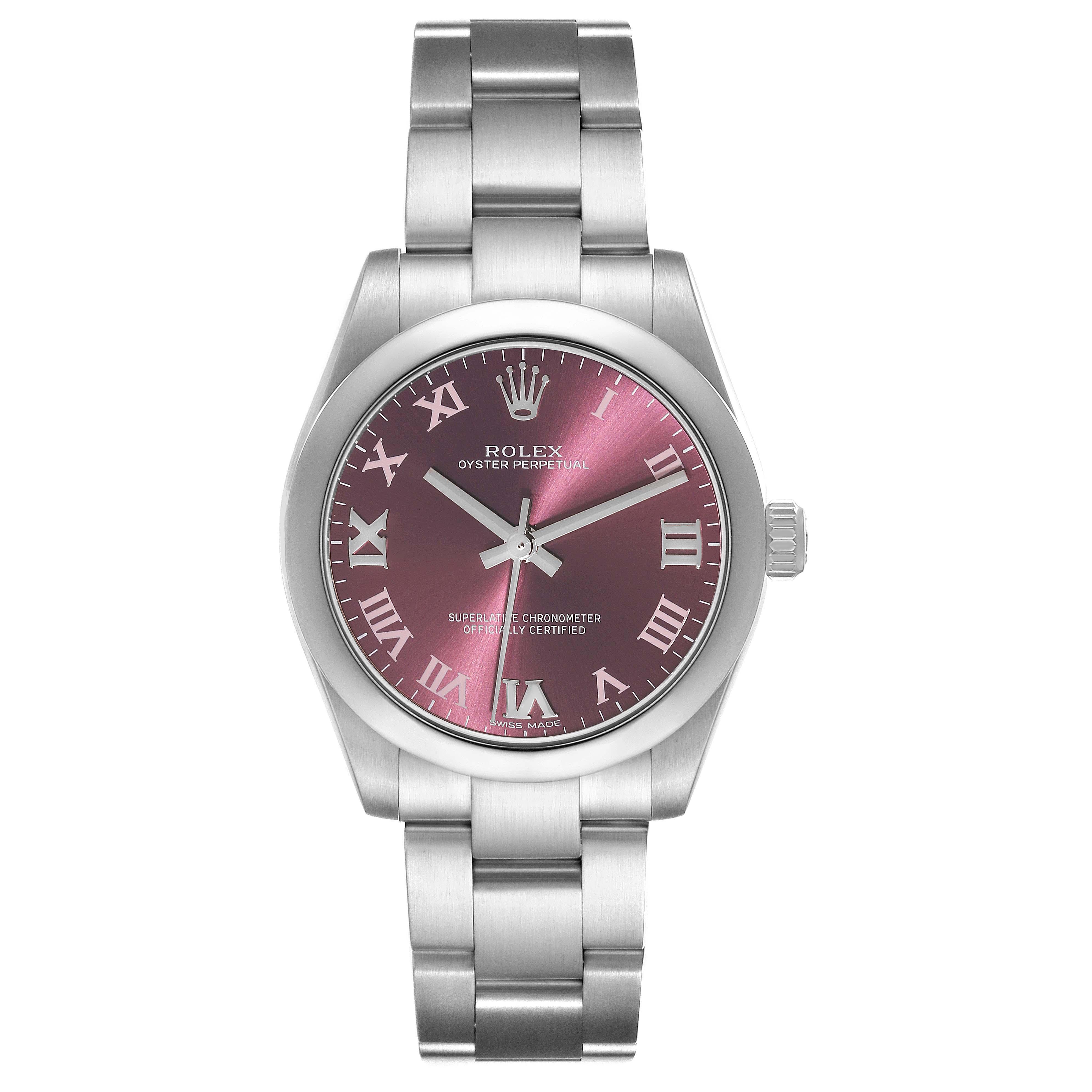 Rolex Oyster Perpetual Midsize Red Grape Silver Ladies Watch 177200 Box Card. Officially certified chronometer automatic self-winding movement. Stainless steel oyster case 31.0 mm in diameter. Rolex logo on the crown. Stainless steel smooth domed