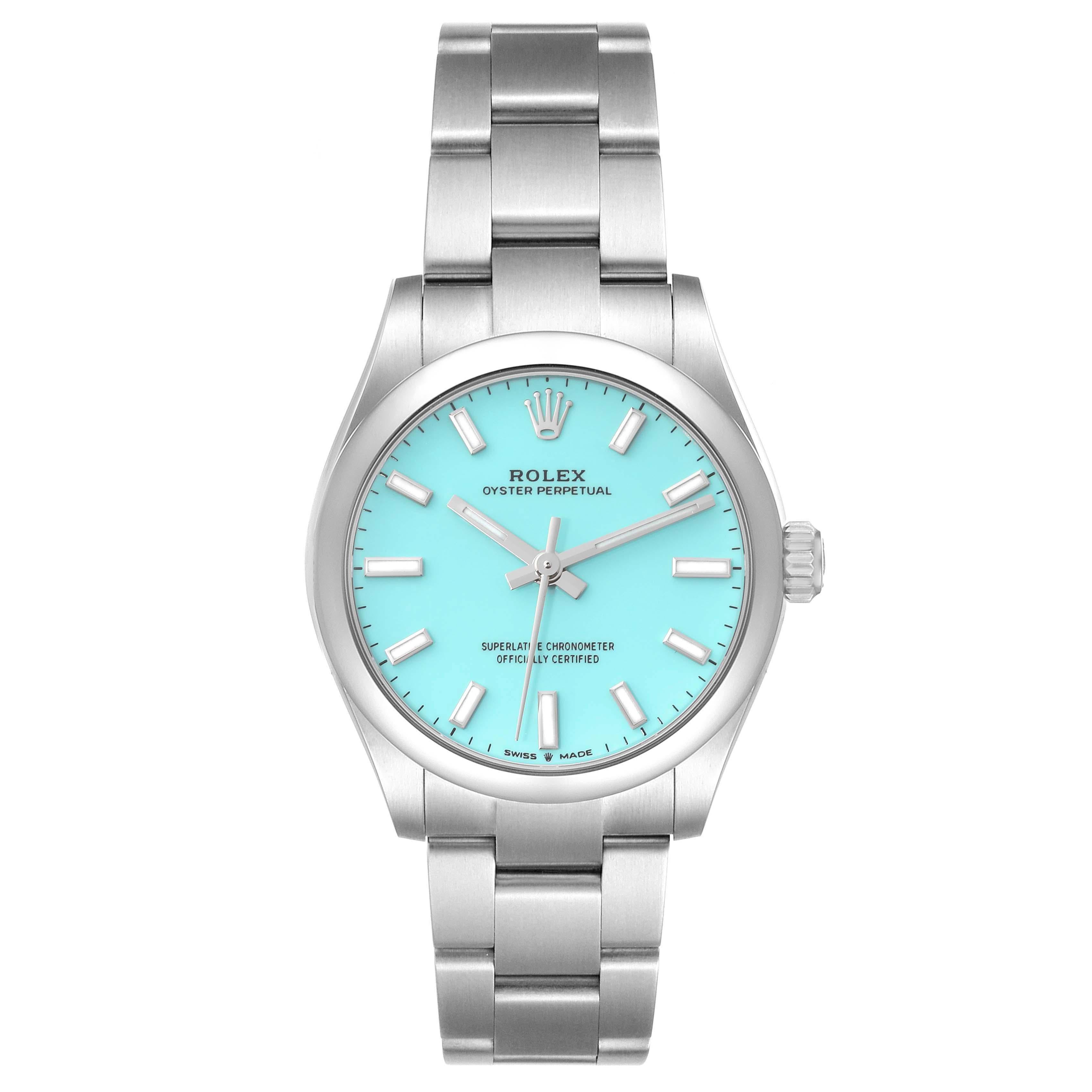 Rolex Oyster Perpetual Midsize Turquoise Dial Steel Ladies Watch 277200 Box Card. Automatic self-winding movement. Stainless steel oyster case 31.0 mm in diameter. Rolex logo on a crown. Stainless steel smooth bezel. Scratch resistant sapphire